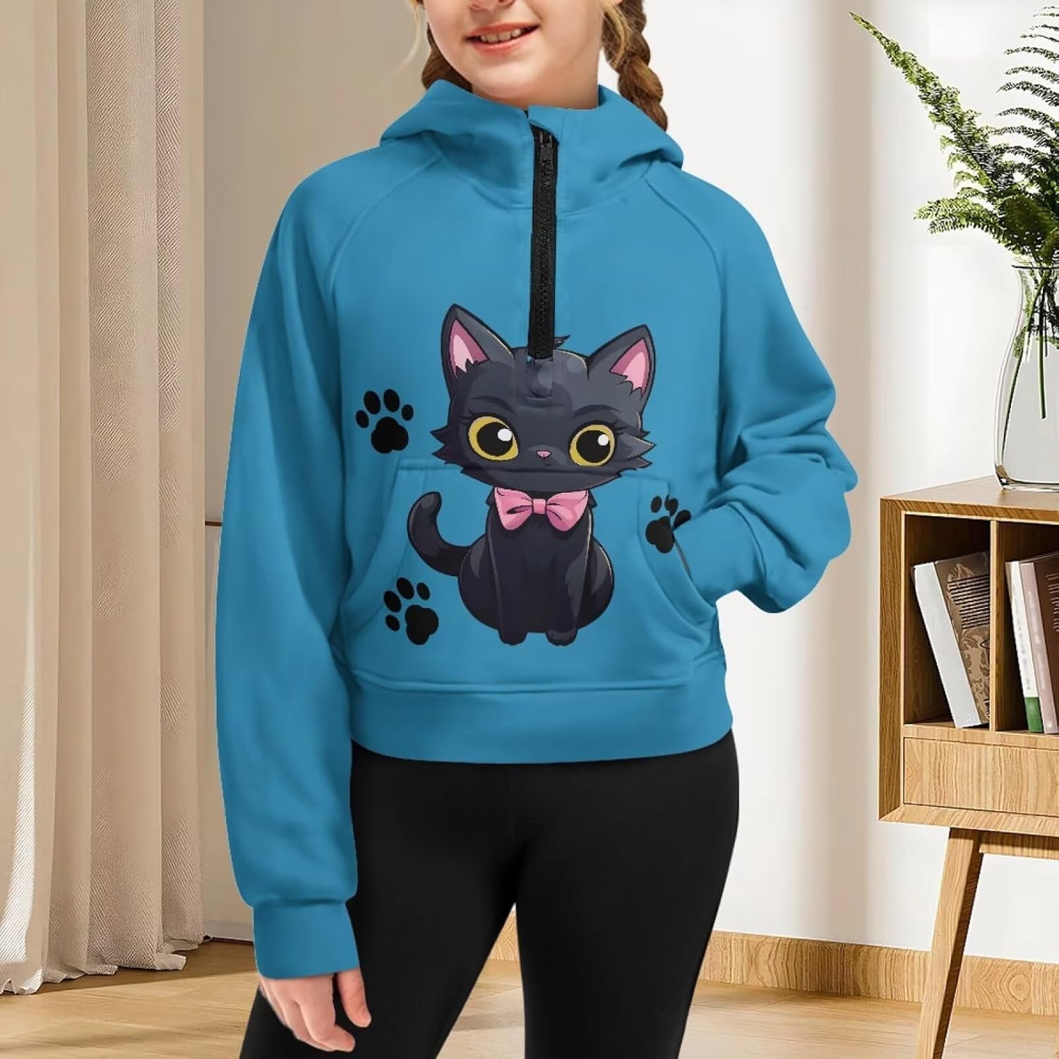 Half Zipper Hoodie for Girls Raglan Sleeve Crop Sweatshirt with Pocket Funny Hooded Sports Clothes