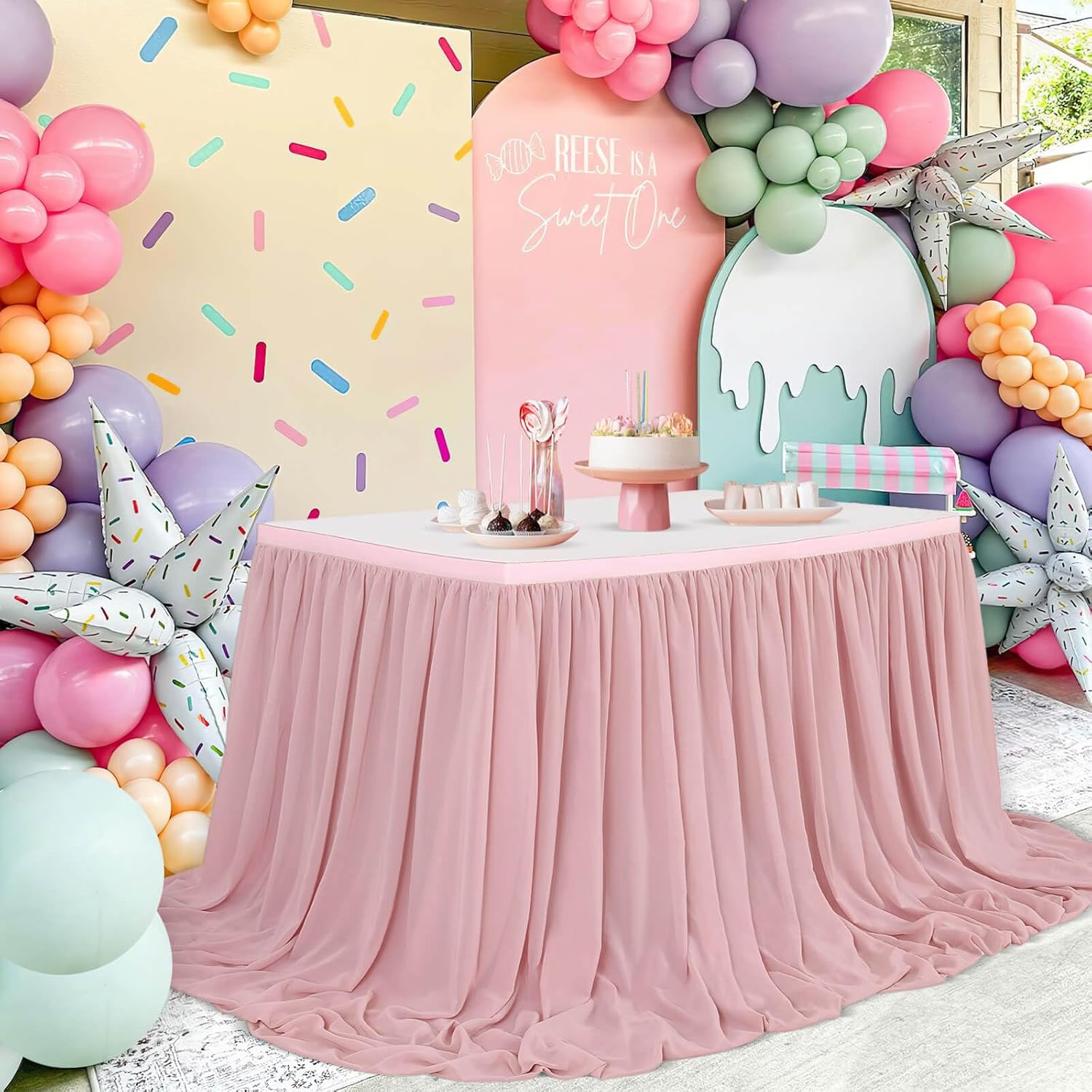 14FT Chiffon Table Skirt Sheer Tablecloth for Wedding 1st Baby Girl Birthday Party Bridal Shower Decoration Dusty Rose