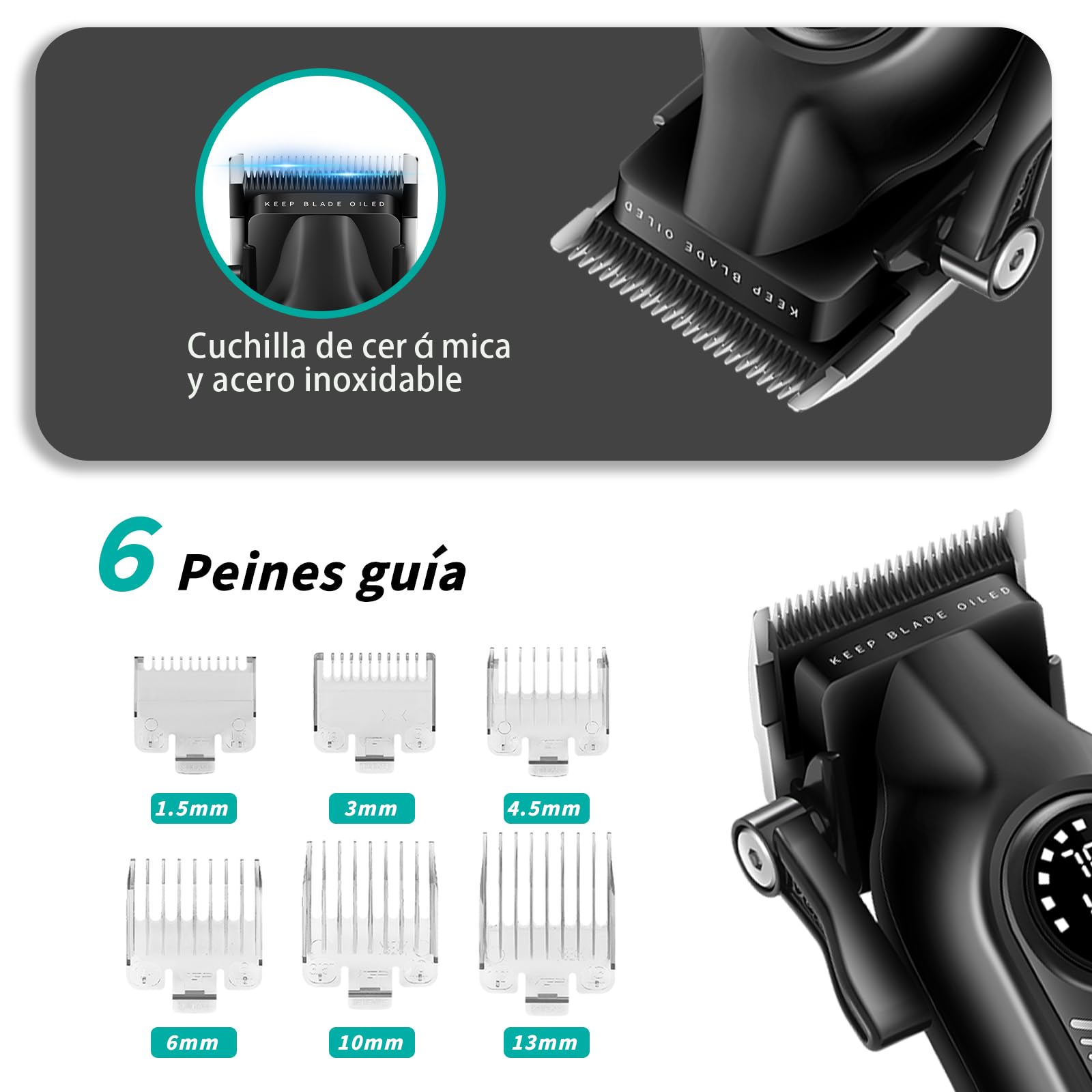 VGR 196 Maquina Cortar Pelo Profesional con Cuchillas de Cerámica, Verde | Maquina Cortar Pelo Hombre Inalámbrica con Palanca de Ajuste, Cortapelos Hombre Profesional con 6 Peines Guía, Pantalla LED