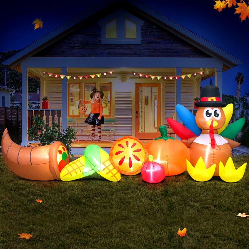 10FT Thanksgiving Inflatables Long Turkey Pumpkin with Corn Thanksgiving Inflatables Outdoor Decorations with LED Lights,Blow Up Turkey Yard Decorations for Fall,Holiday,Outdoor,Party,Lawn Décor