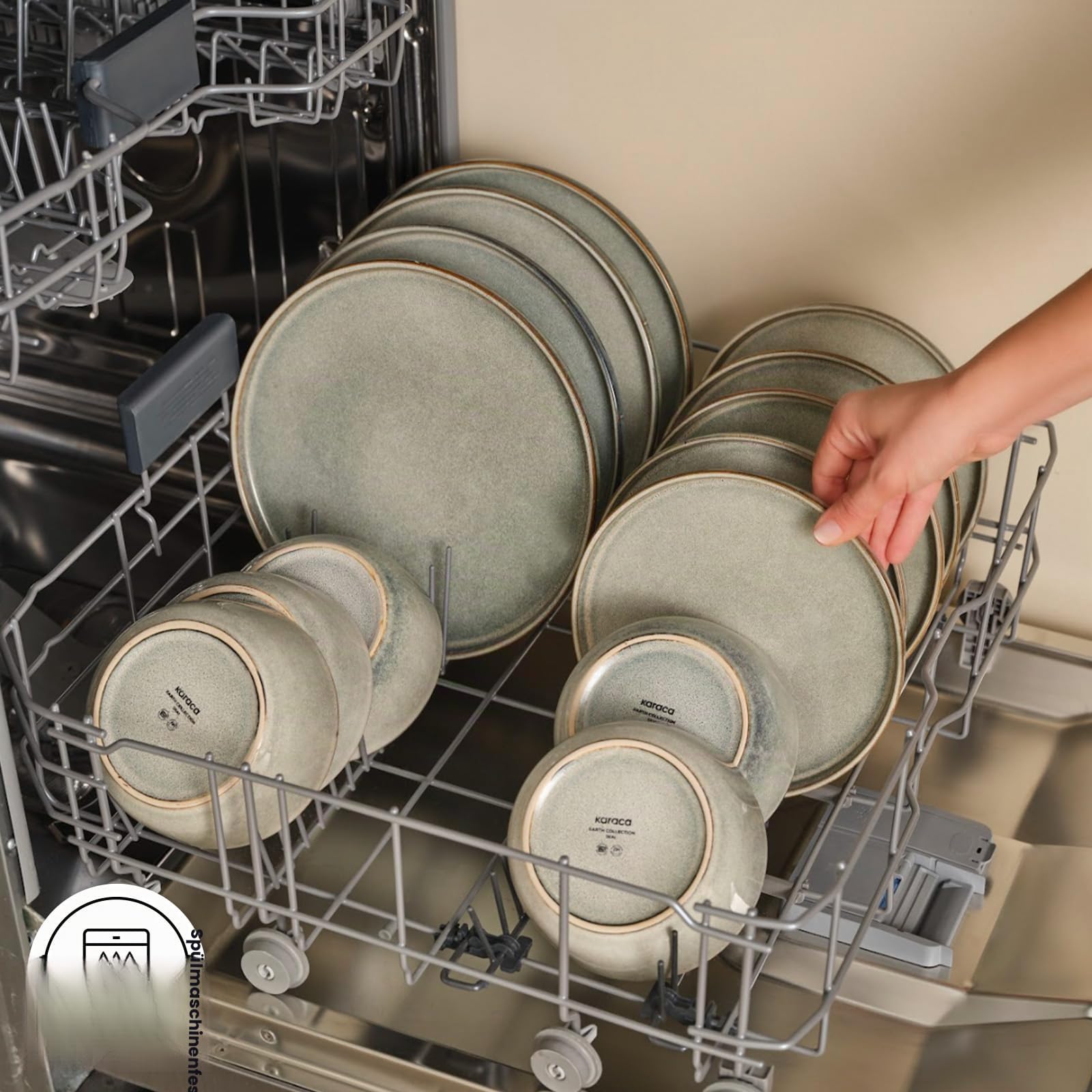 KARACA Tafelservice Earth Collection Skal 55 teilig für 12 Personen Grau, Modernes Geschirrset aus Steinzeug, Spülmaschinengeeignetes Teller Set, Reaktivglasur Essteller