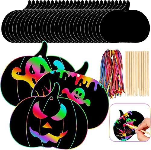 Jenaai Kit de manualidades de papel para rascar de Halloween, 150 piezas de tarjetas de rascar de calabaza con lápiz óptico y cintas de madera, kit