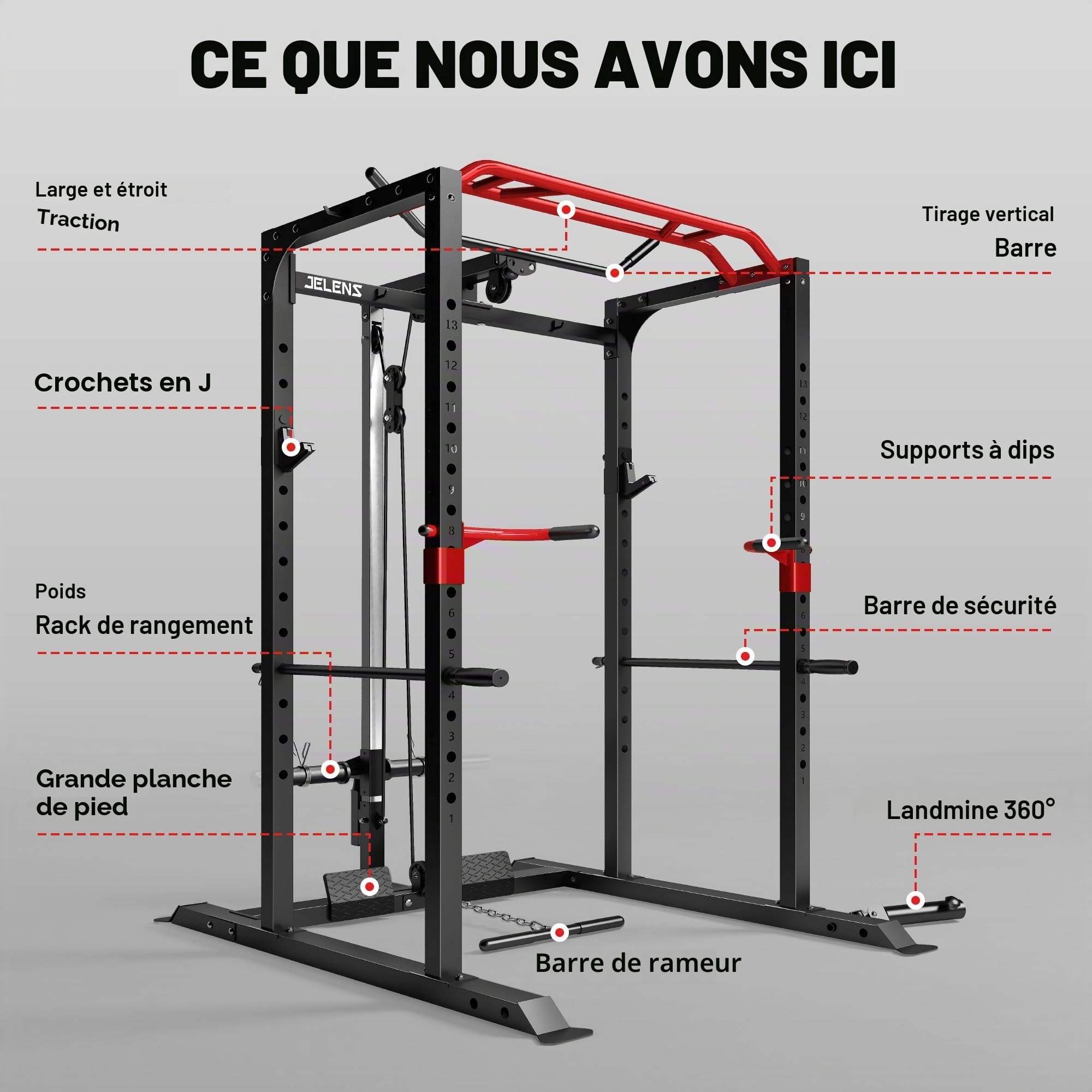 JELENS Power Cage, support multifonction S11 de 907 kg avec traction latte, support de squat avec système de poulie réglable et plus d'accessoires d'entraînement, machine d'entraînement de poids pour