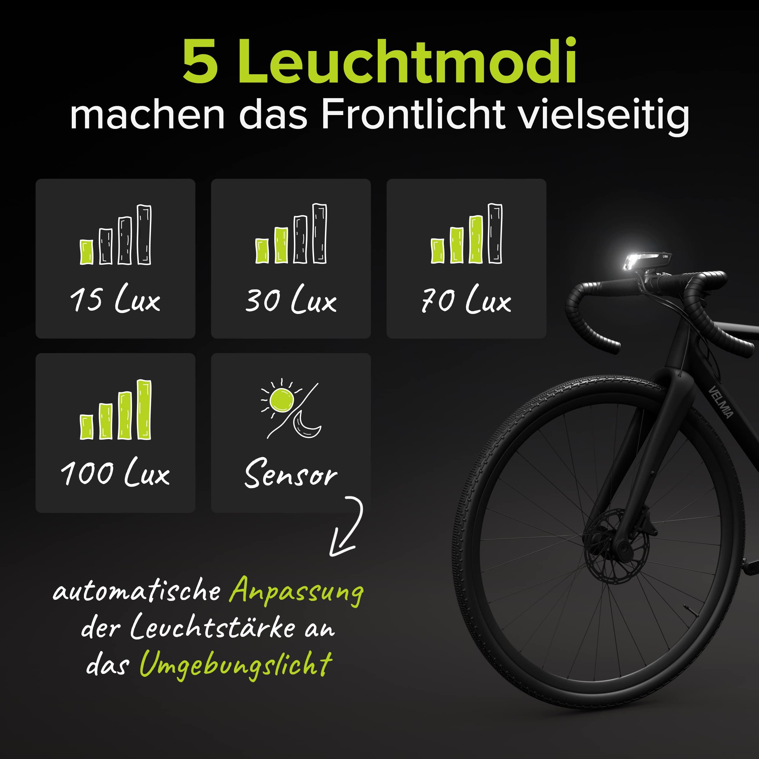 VELMIA Luce anteriore per bicicletta omologata StVZO con illuminazione particolarmente forte e durata 8,5 ore, luce LED per bicicletta, resistente alla pioggia e ricaricabile, luce anteriore per