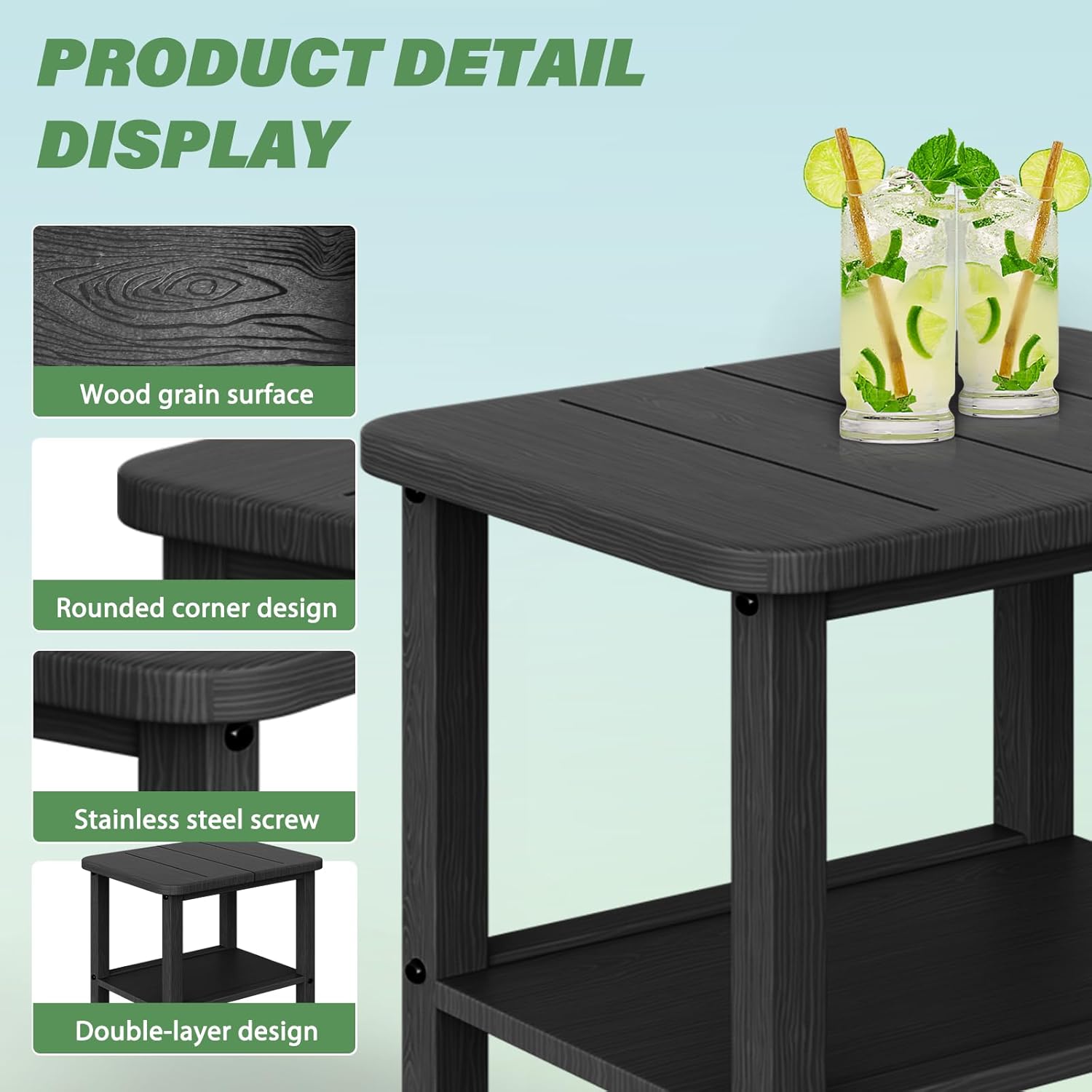 Patio Side Table, Small Rectangular HDPE Adirondack End Table for Outdoor Use in Pool, Garden, Lawn, Backyard,Black