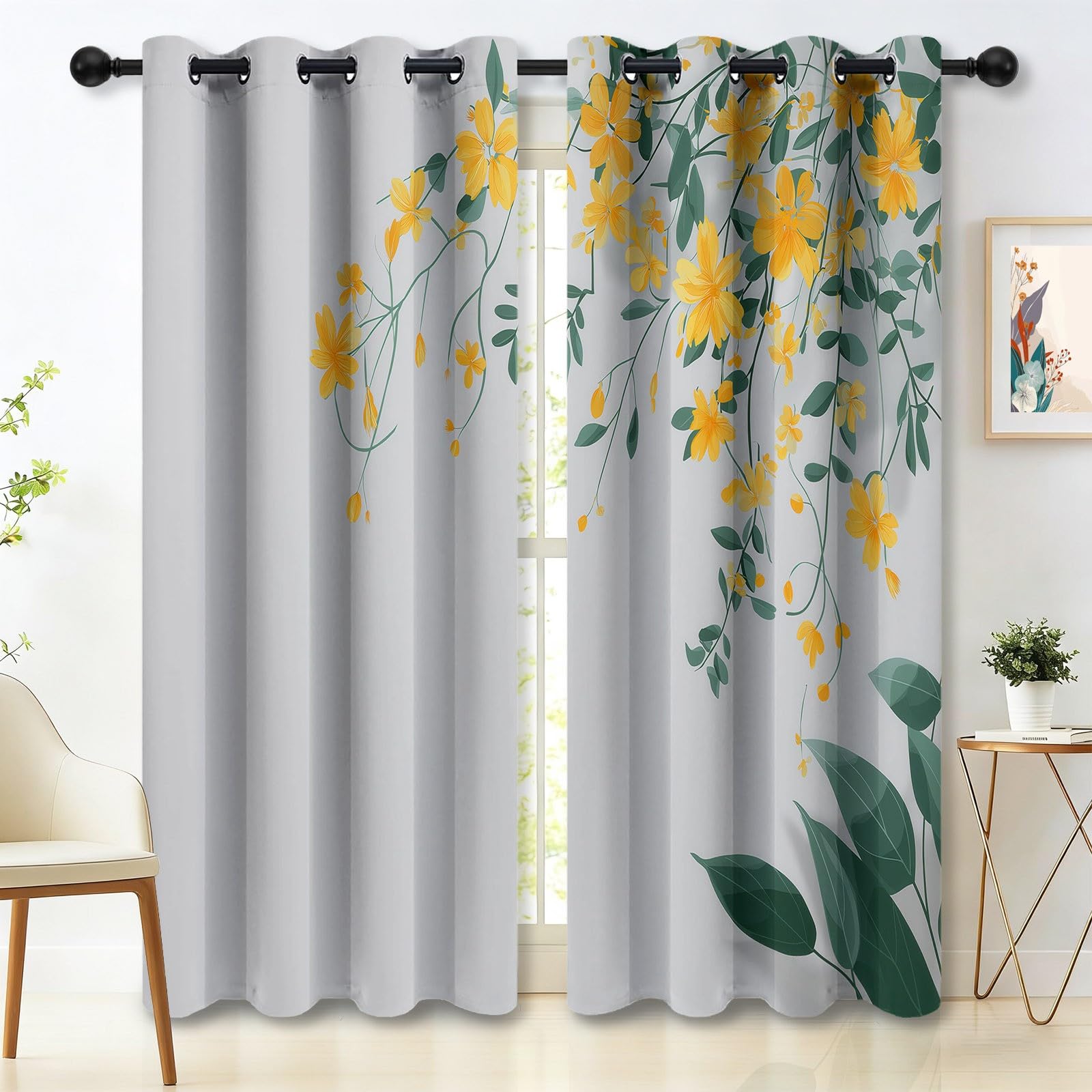 Gris Et Blanc Rideau 70 x 240 cm 2Pcs, Aquarelle Fleurs Plantes Feuilles Imprimé Rideaux Adult Enfant, Naturel Scandinave Occultation Douce Intérieurs à Oeillets Rideau Chambre Salon Coucher Dressing