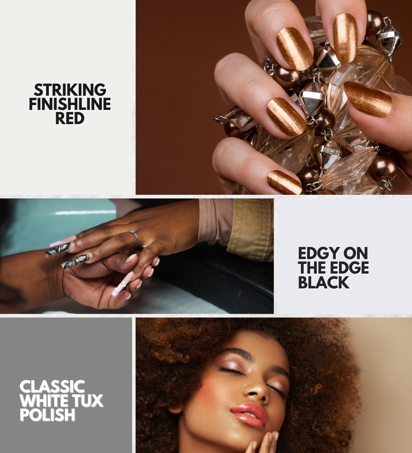 DIY Nail Kit – Mood: Too Classy - Finishline, On the Edge, White Tux Bundle with Nail Grip by EBIN NEW YORK – Sculpted Press-On Nails Contoured Fit – Gift Set (4 Items)