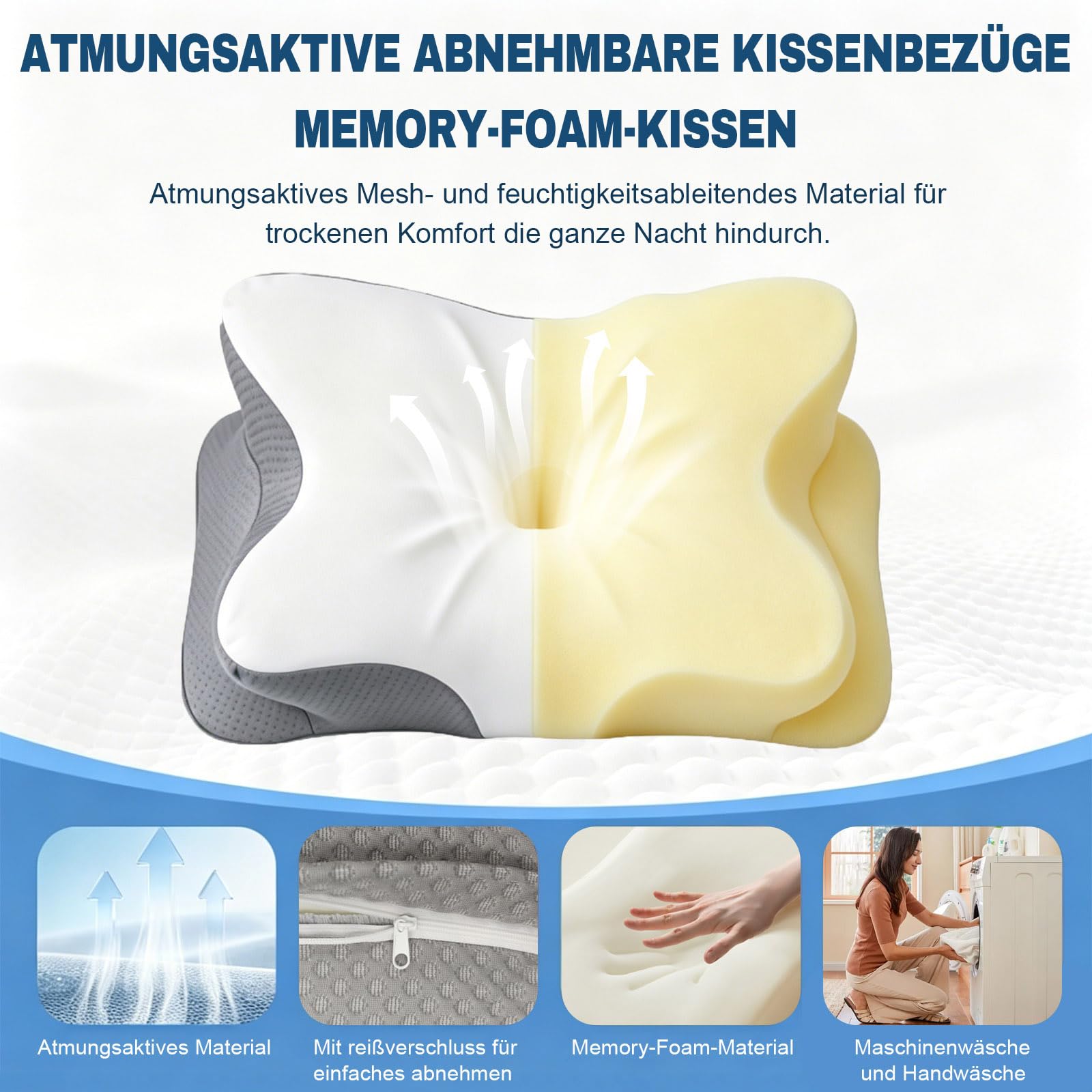 Nackenkissen Kopfkissen - Memory Foam Kissen - Ergonomisch Seitenschläferkissen - Nackenstützkissen für Seiten, Rücken Bauchschläfer, Grau