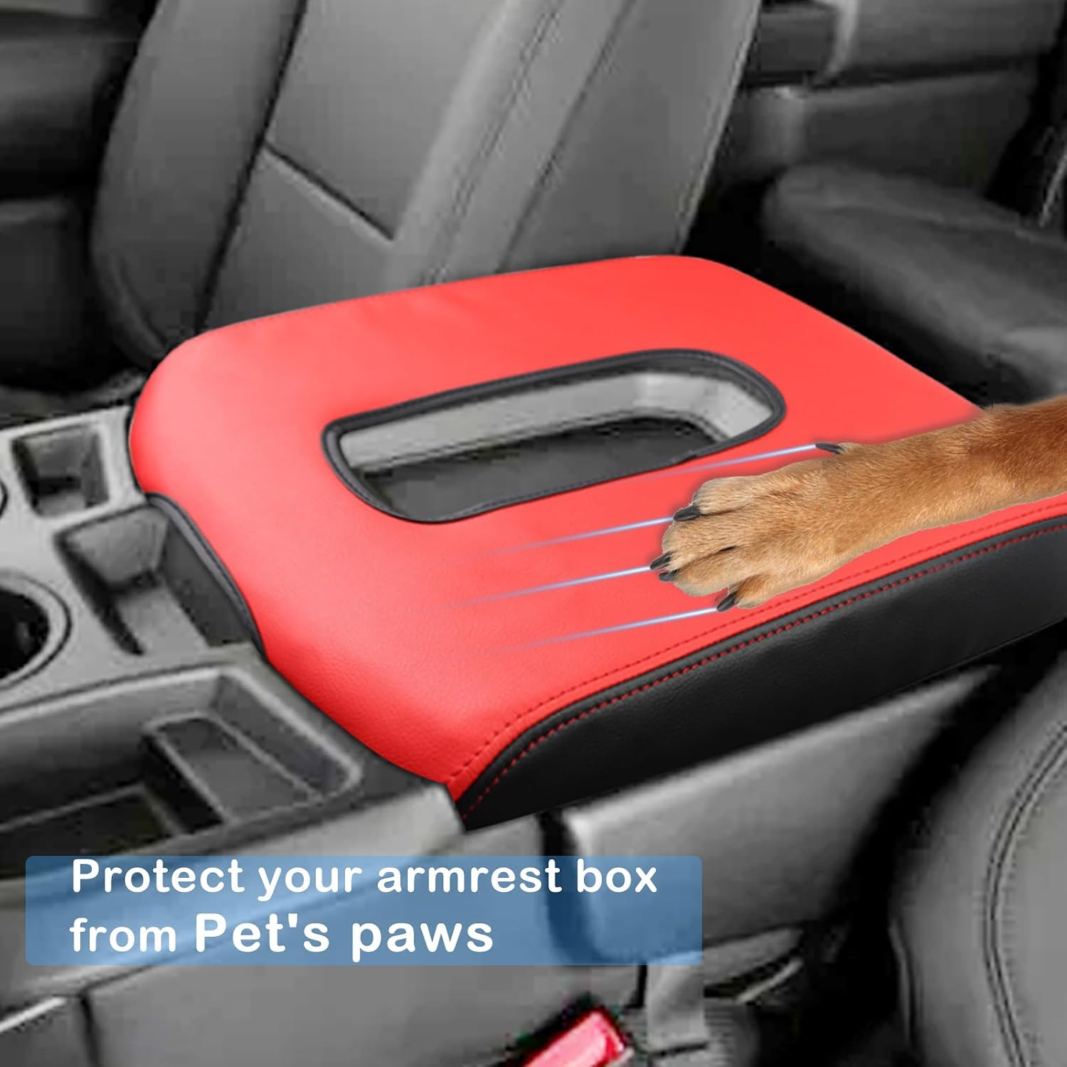 QianBao Leather Armrest Cover Compatible with Chevy Silverado&GMC Sierra 2019-2025 (Fits Jump Seat Console Only) Middle Console Armrest Lid Leather Protective Cover Black Red