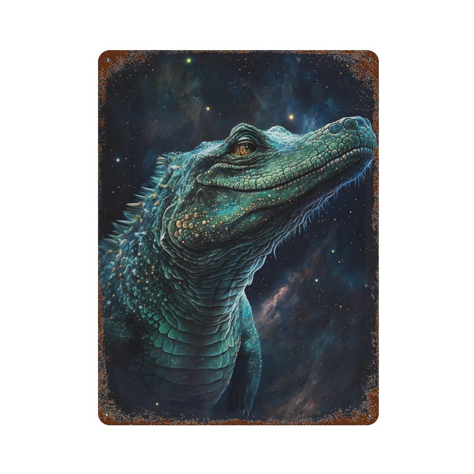 Galactic Crocodile Art Print-14 15.7"x11.8" Distressed Metal Wall Sign, Retro Wall Decor for Garage, Bar And Workshop Decor
