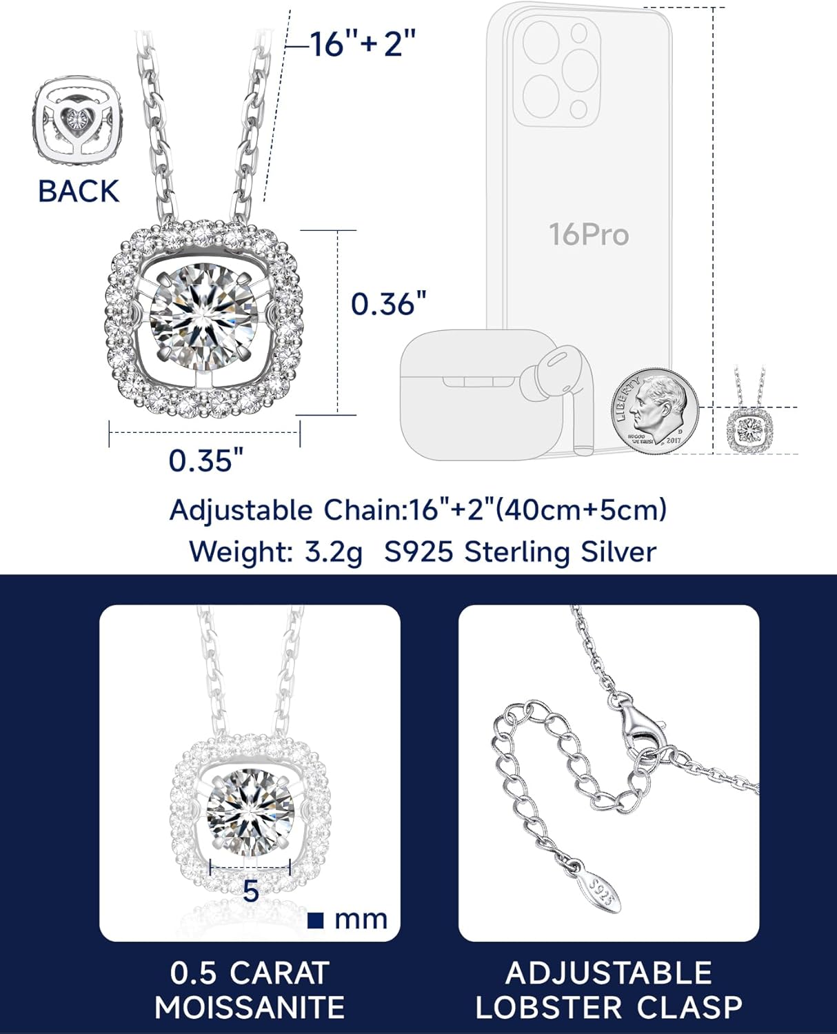 MomentWish Floating Necklace for Women, 0.5/1 Carat Dancing Moissanite Necklace for Her 925 Sterling Silver Pendant Anniversary Birthday Christmas Gift for Wife Mom Girlfriend - Image 7