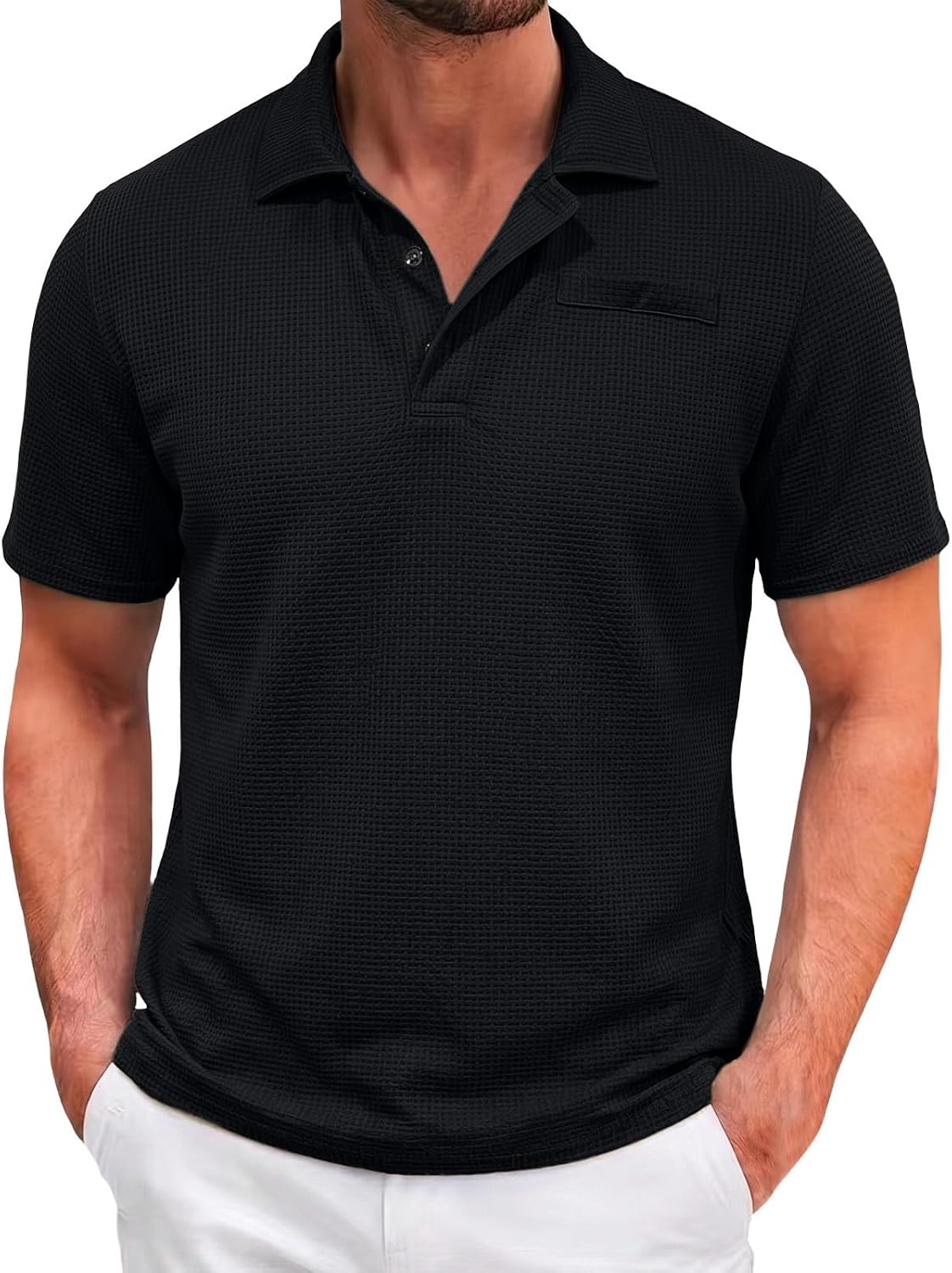 Men’s Waffle Knit Shirt Short Sleeve Casual Golf Tops | Textured breathable collared shirt for summer work, golf, business casual, travel and everyday wear