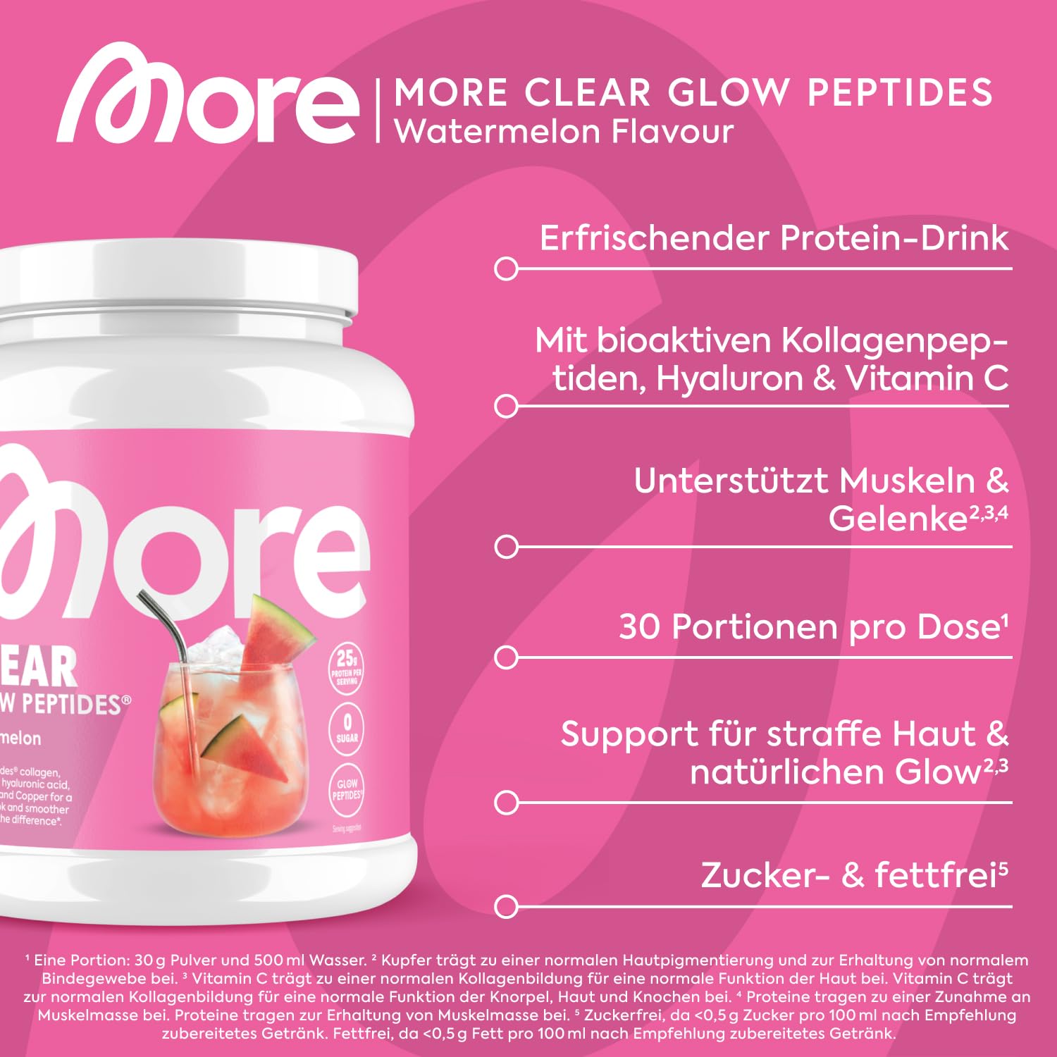 MORE Clear Glow Peptides, Wassermelone, 600 g, unterstützt Muskeln, Haut, Gelenke, Sehnen und Bänder - made in Germany