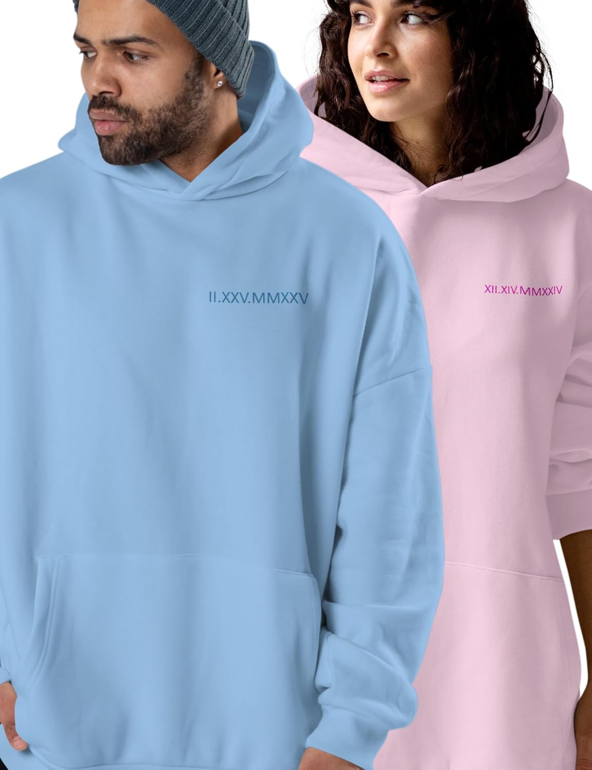 Custom Embroidered Roman Numeral Date Couples Hoodies with Initials on Sleeve – Matching Sweatshirt for Couples – Personalized Valentine’s Day Gifts Multicolor - Image 3