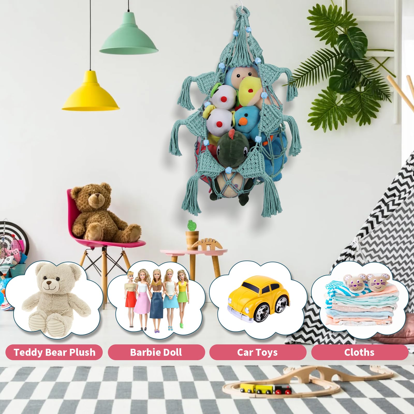 Stofftier-Hängematte, Hängenetz-Organizer für Spielzimmer, Kinderzimmer, Dekoration, Boho-Makramee-Quasten, Eckspielzeughalter, Wandmontage, Plüschtiernetz mit Lichterkette für Babyzimmer