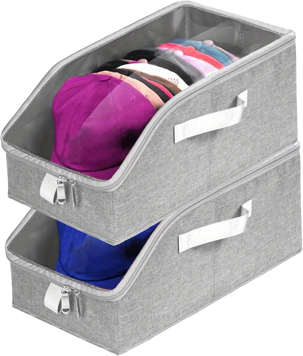 2 Pack Stackable Hat Organizer for Baseball Caps, Fabric Hat Storage Boxes with Clear Flip-Top Windows, Handle & Sturdy Cardboard Base, Pull-out Closet Organizer for Women & Men, Hold Up to 24 Caps