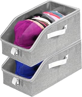 2 Pack Stackable Hat Organizer for Baseball Caps, Fabric Hat Storage Boxes with Clear Flip-Top Windows, Handle & Sturdy Cardboard Base, Pull-out Closet Organizer for Women & Men, Hold Up to 24 Caps