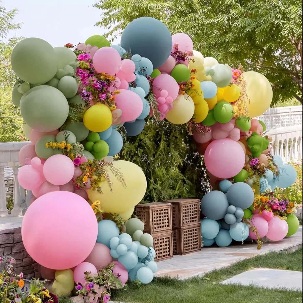 Colorful Balloon Arch Double Stuffed Latex Blue Yellow Green Pink Balloons Wildflower Balloon Garland for Spring Flower Birthday Baby Shower Garden Candy Party Decoration