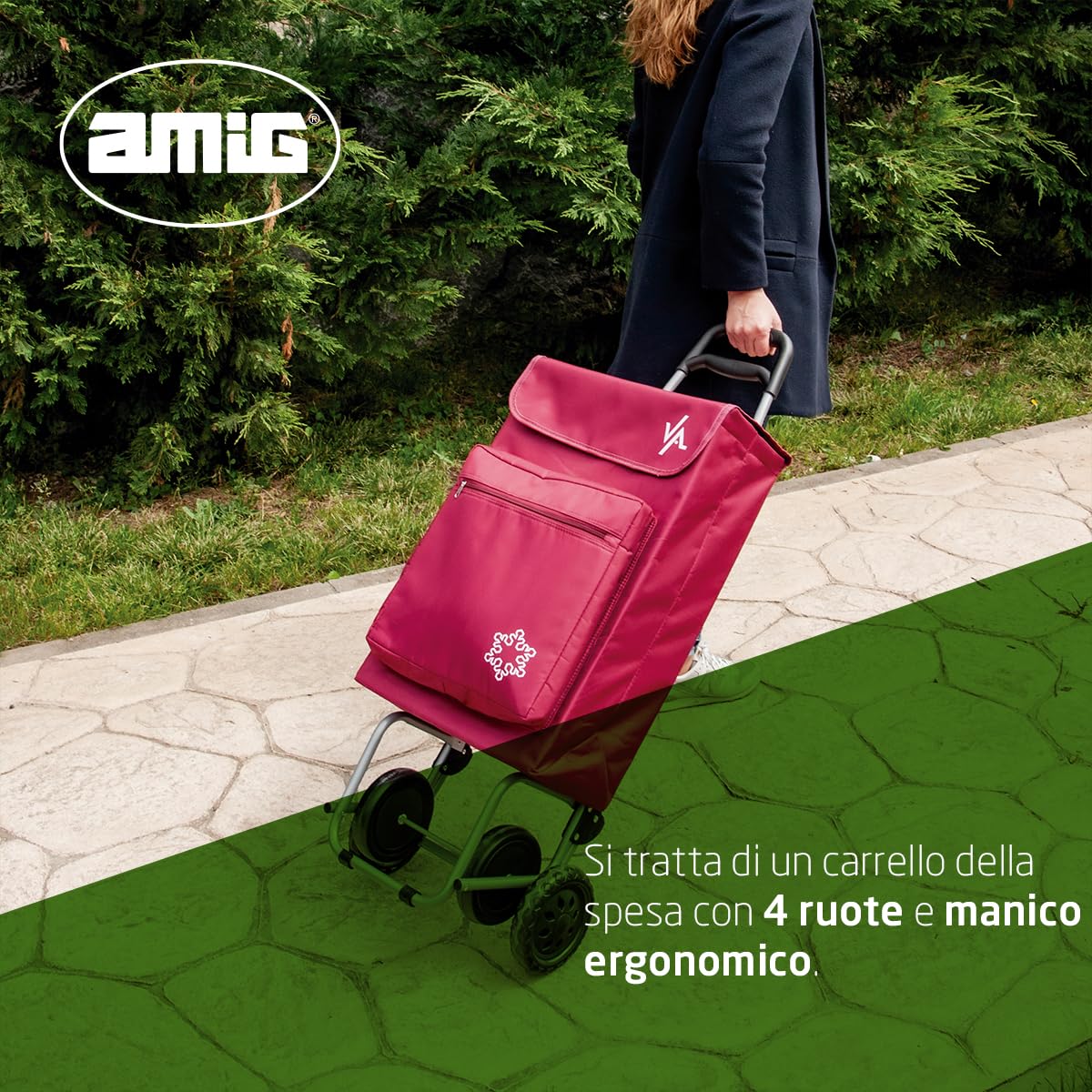 Amig - Carrello spesa - Carrello spesa 4 ruote - Pratico e capiente con tasca esterna - 22 x 40 x 106 cm - Tessuto/Metallo - Rosso