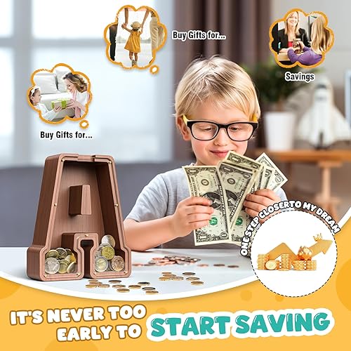 Miniatura 147 de SummiDate Alcancía de madera con nombre, niños y niñas, tamaño grande, letras alfabeto A-Z, monedas y billetes, inicial en cubierta transparente