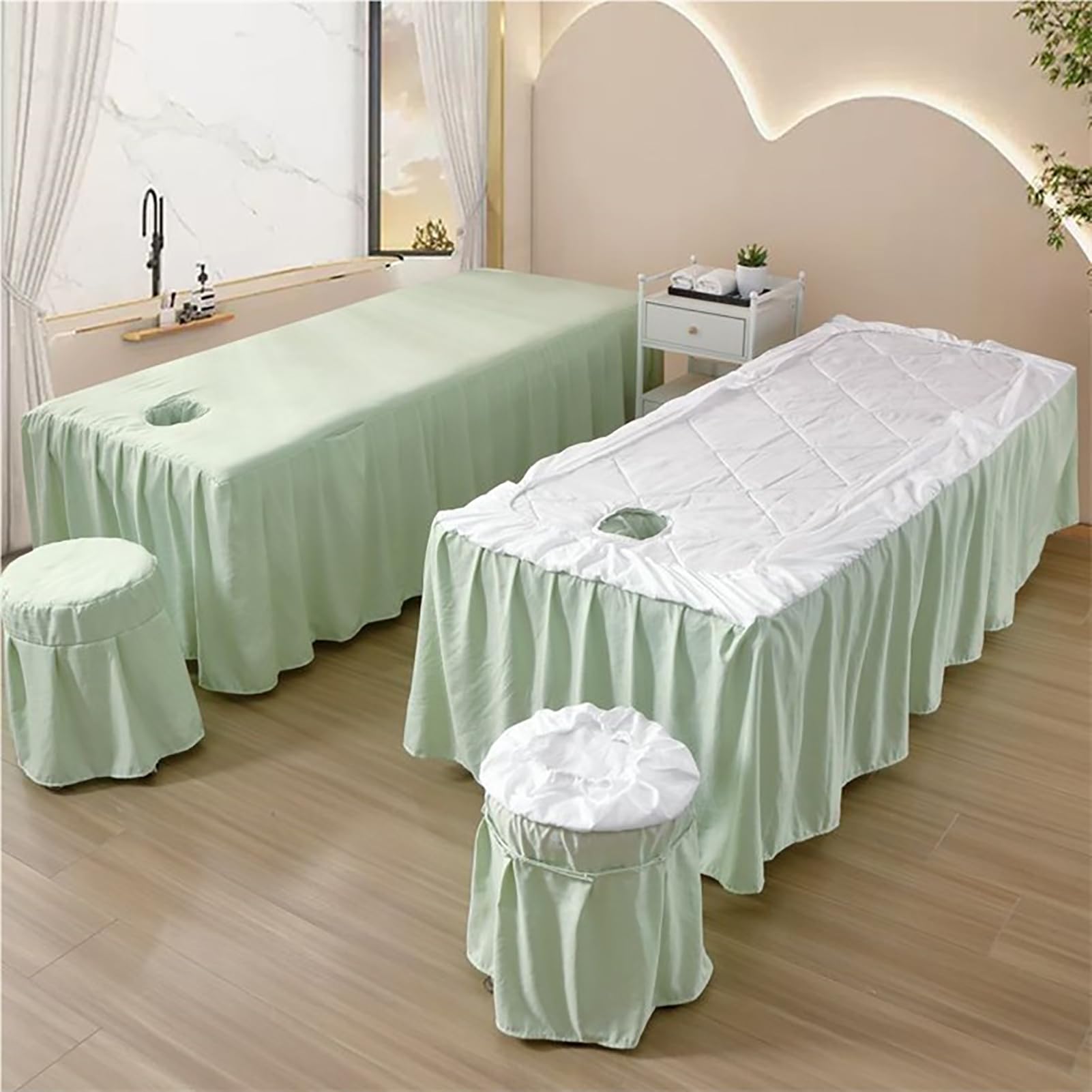 Spódnica do stołu kosmetycznego,pokrowiec na stół do masażu z otworami wentylacyjnymi, 4-częściowy zestaw pościeli do stołu do masażu spa,White,80x190cm(31x75inch)