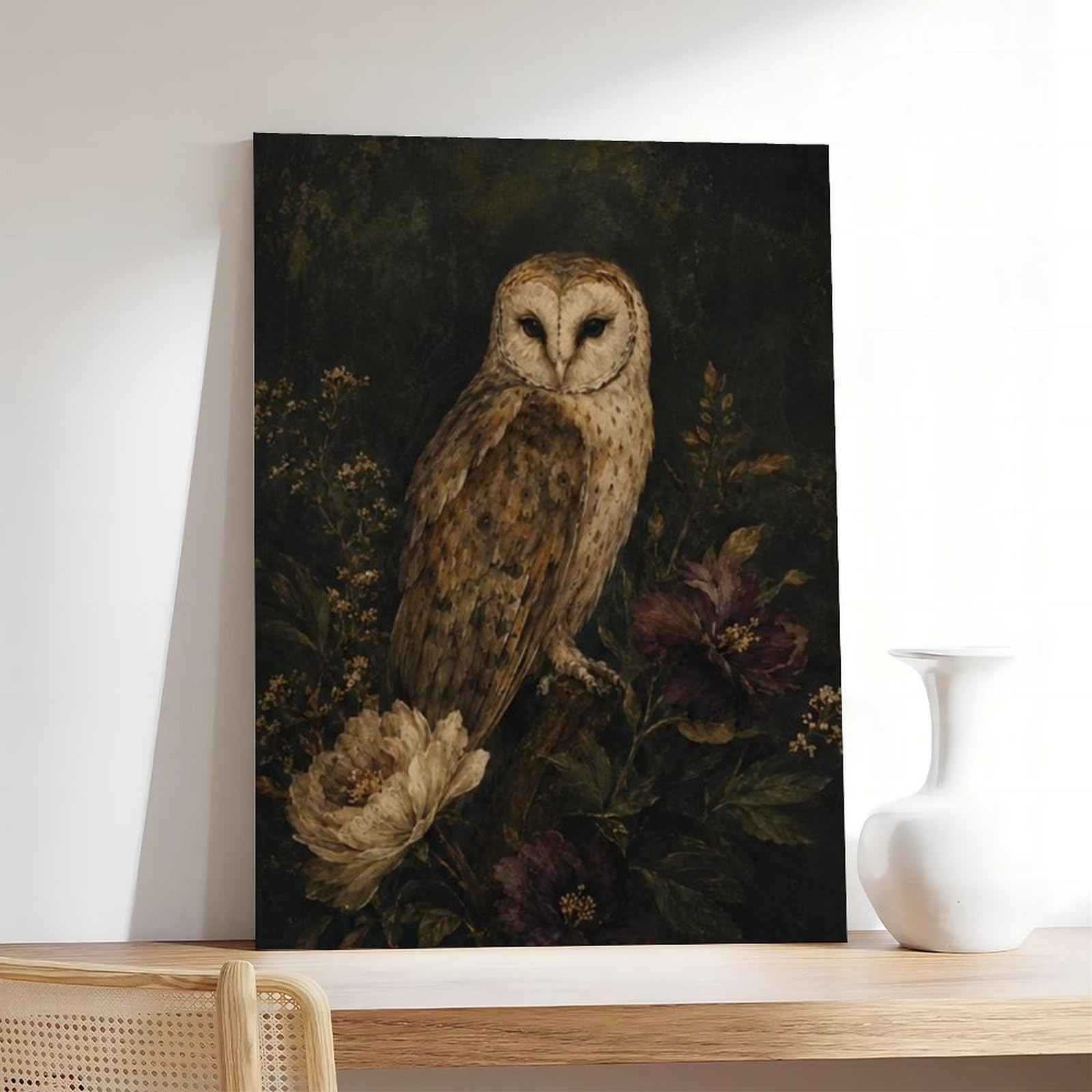 Poster di tela floreale scuro del barbagianni per il regalo della decorazione domestica | Stile cornice, diverse dimensioni, diversi stili di cornice, arte da parete, immagine decorativa, decorazione per la casa