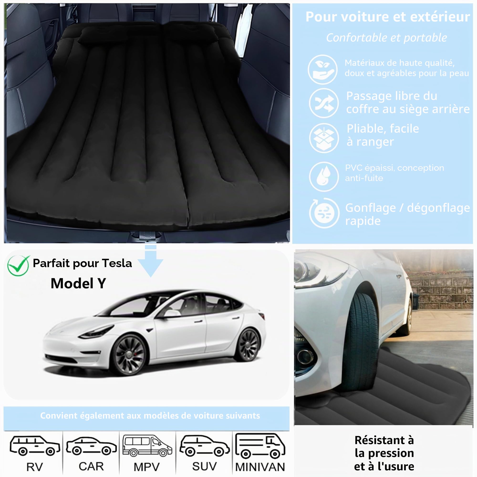 Matelas Voiture, Matelas Gonflable Voiture pour Tesla Model Y SUV Van SièGe ArrièRe Tent, Pliable Matelas Tapis de Couchage Camping Lit Gonflable de Voiture Travel (Noir)