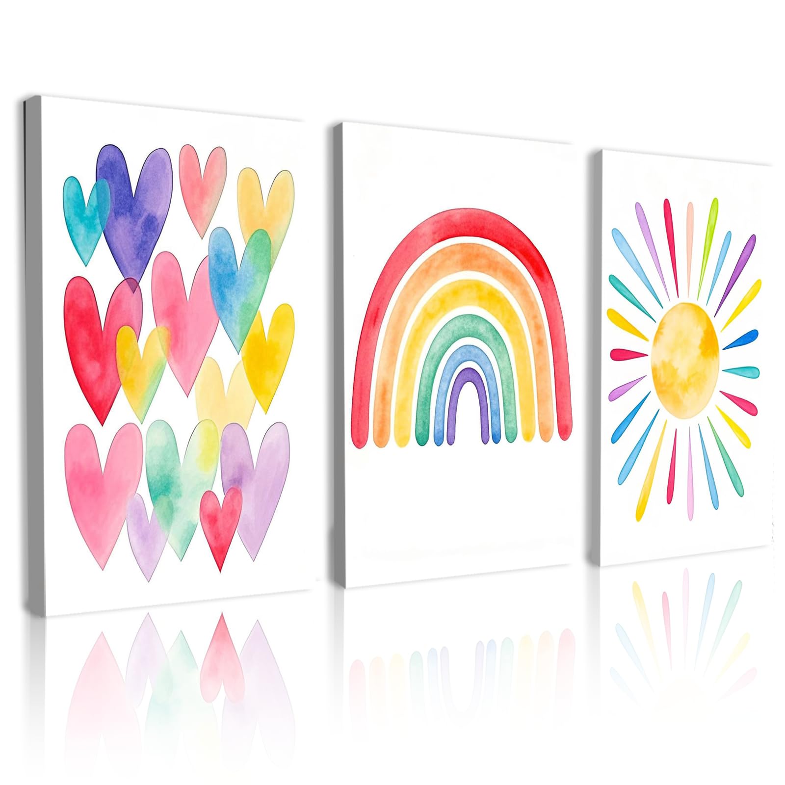 ICBCGS Rainbow Framed Wall Art, 3pcs Boho Pink Playroom Poster Painting Decor, Colorful Heart Picture Prints for Living Room Bedroom Office Home Decoration 30x40cm