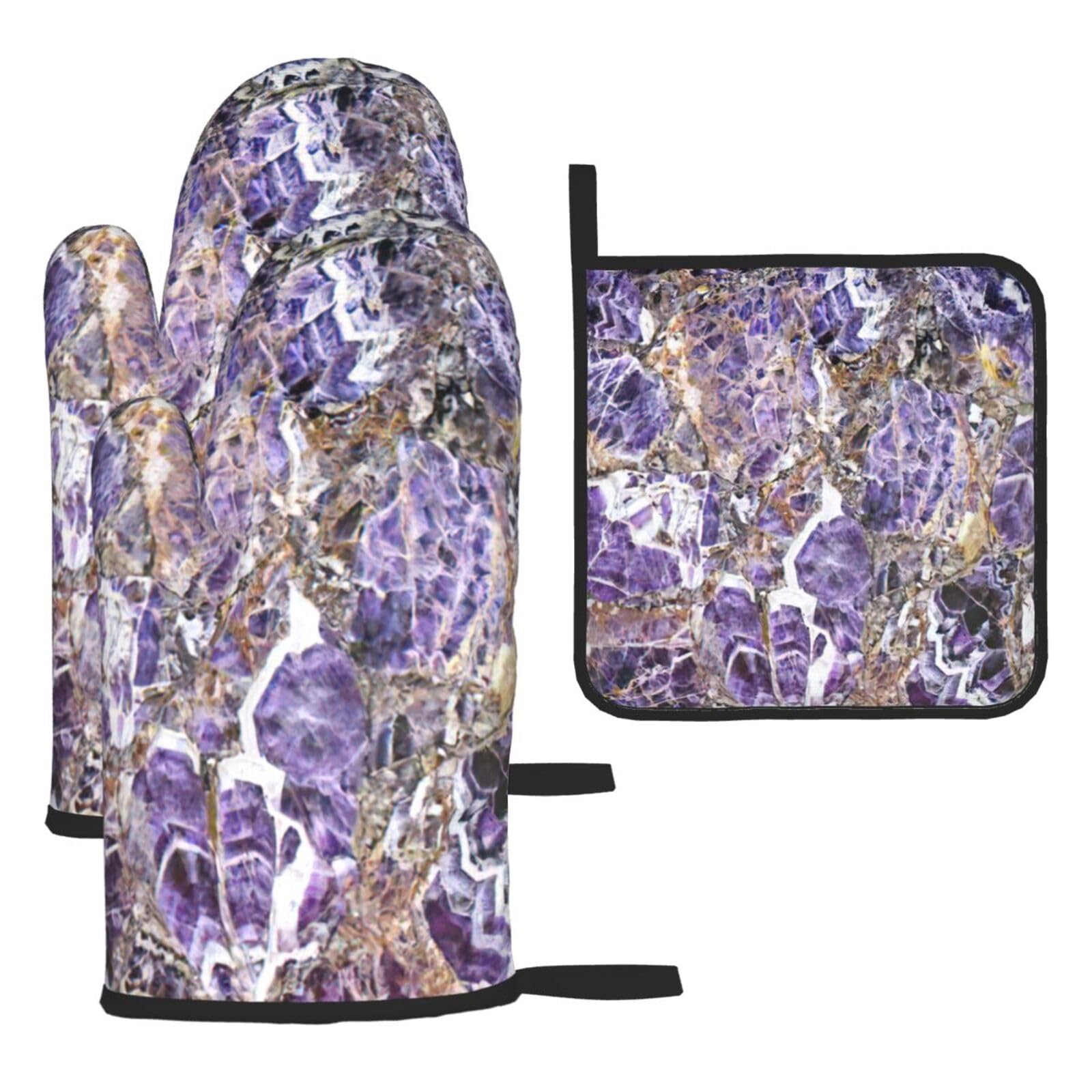 Marble Purple Print Oven Kitchen Gloves For Baking Outdoor Grilling Home Use Mitts Microwaving Bbq