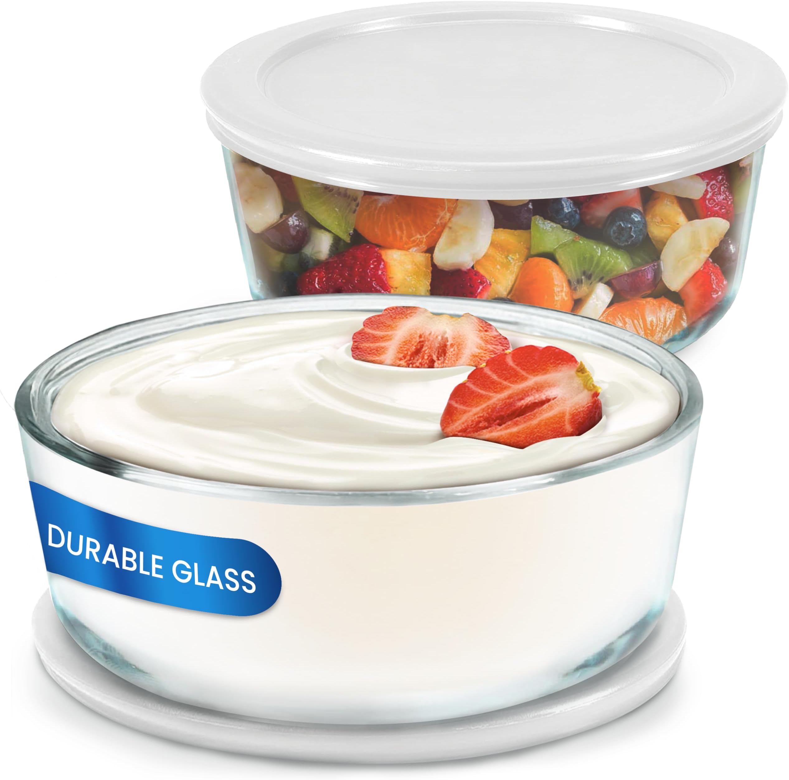 Ultimate Yogurt Containers 2 Pack, Make More Yogurt with 1-Quart Glass Containers (4 Cup), 100% BPA Free, Durable & Oven Safe Round Bowl Set with Lids, Perfect for Food Storage & Meal Prep