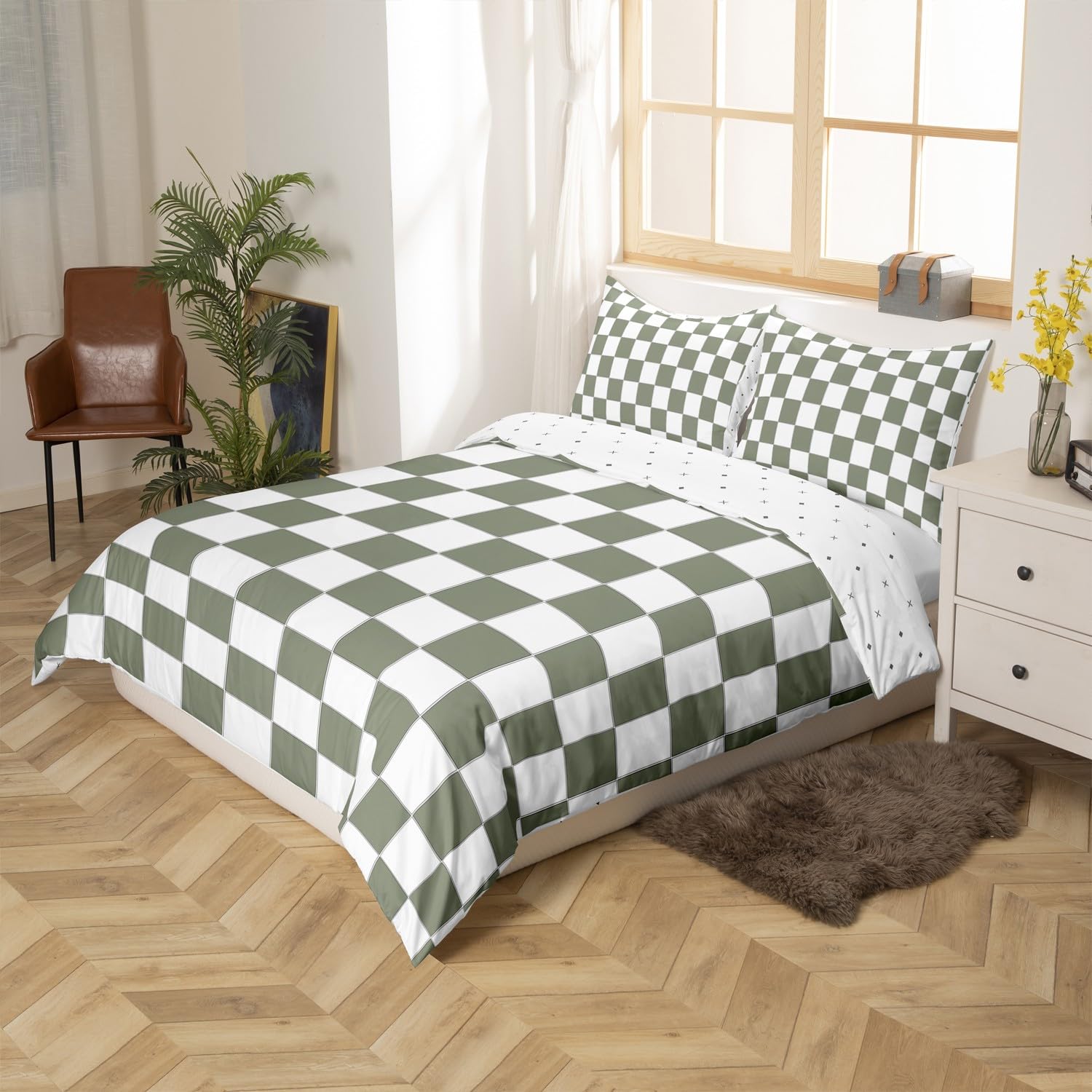 Homewish White Sage Green Checkered Bedding Set Buffalo Plaid Grid Comforter Cover Single For Kids Adults Men Women Checkerboard Duvet Cover Aesthetics Gingham Quilt Cover Modern Room Decor - Image 3