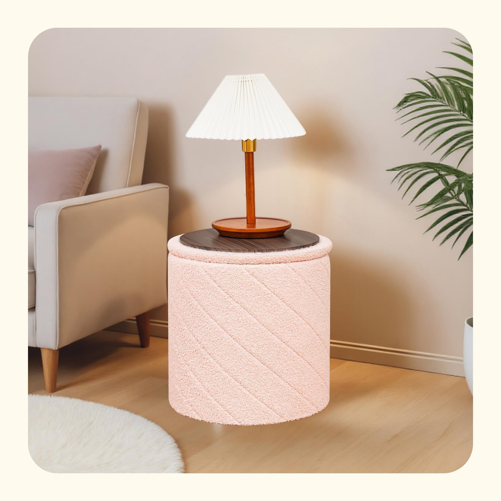 PINPLUS Puff Almacenaje Plegable con Tapa Reversible, Taburete Otomano Redondo Teddy Bouclé, Reposapiés para Salón o Dormitorio, Ø 43 x 45 cm, Rosa