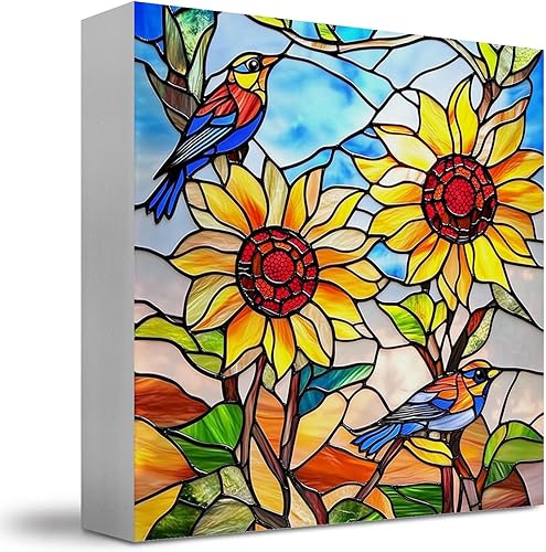 JUIOEIU Decoración de girasoles, letrero vintage de madera de girasoles con pájaros, decoración floral de pájaros para el hogar, letrero de bloque