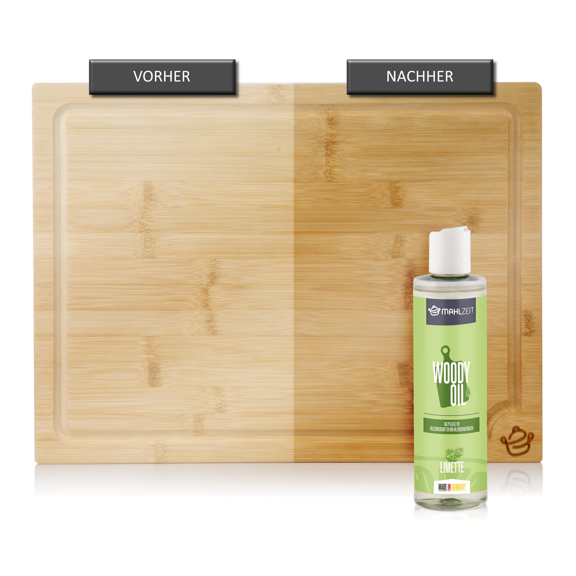 Mahlzeit WOODY OIL cura del legno, olio per taglieri e utensili da cucina in legno | 250 ml, profumo di limetta | 100% naturale | olio per taglieri in legno cucina, olio per piani di lavoro