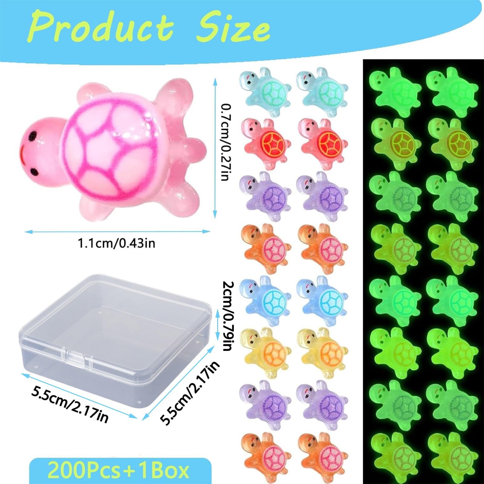 200 Stück Mini Schildkröten, Leuchtende Resin Figuren, Bunte Mini Turtles für Deko, DIY Micro Landschaft, Garten, Party, Puppenhaus, 11 * 7mm, Transparente Box