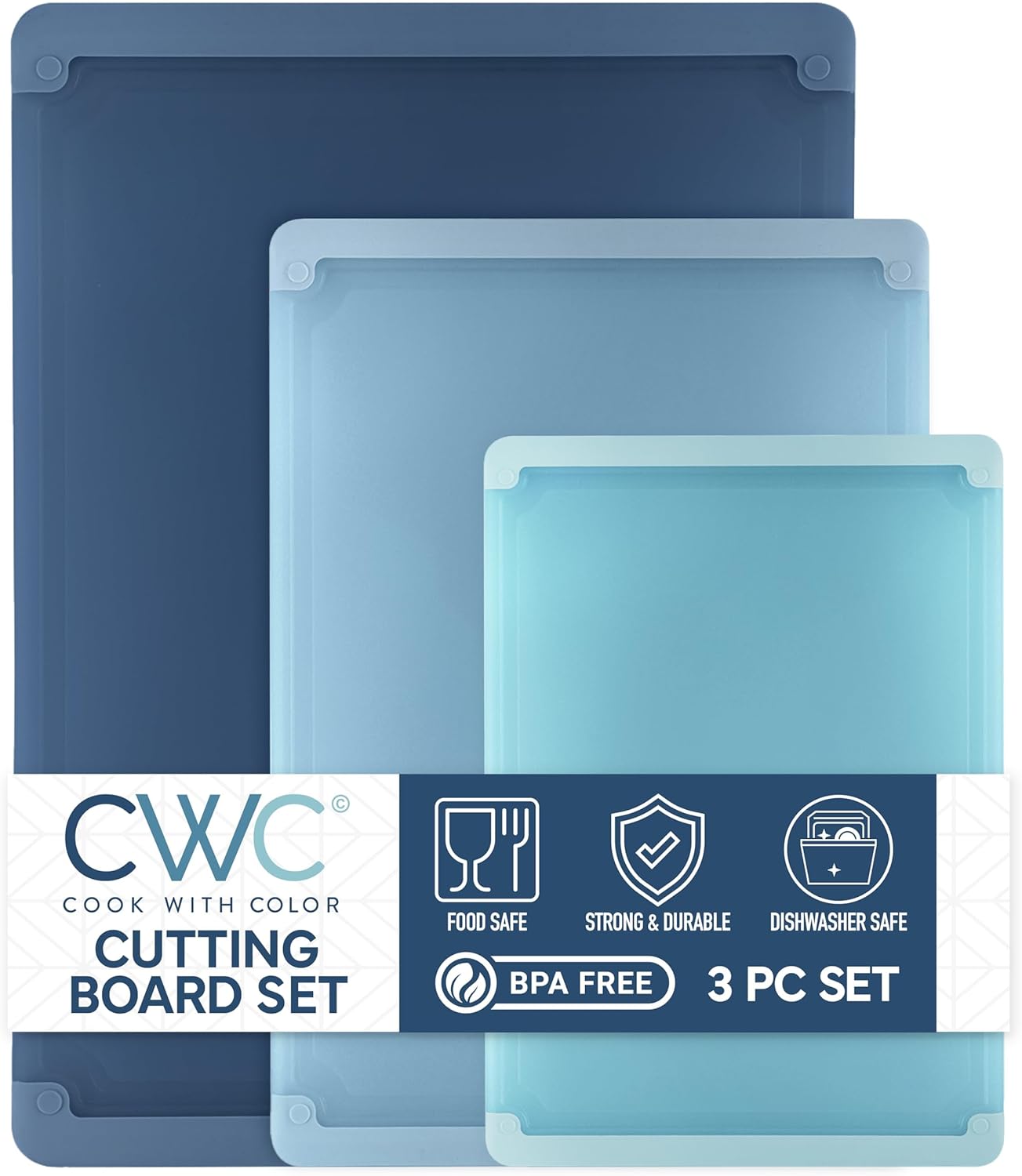 COOK WITH COLOR Extra Large Cutting Board Set, Jumbo-Sized Boards with Rubber Border for Enhanced Cooking Experience, 3-Piece, Blue Blue Solid
