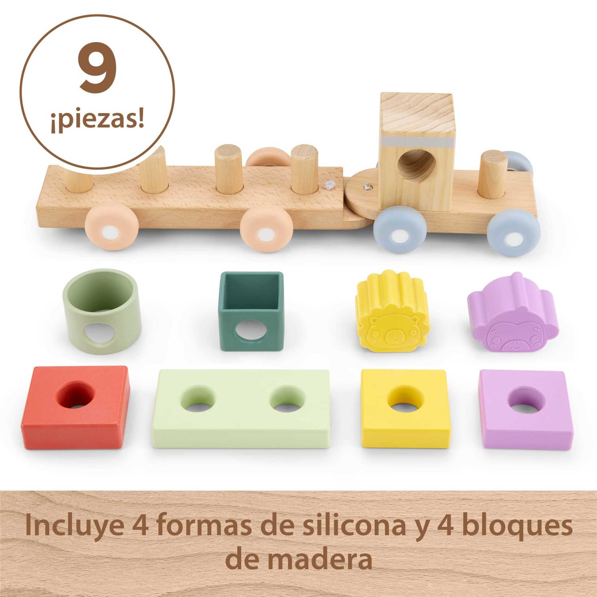 Fisher-Price Tren apilable de Madera para bebé y niño pequeño | Tren para empujar con 4 bloques de madera y 4 formas de silicona; desarrolla la motricidad fina y gruesa; +9 meses, JKH08