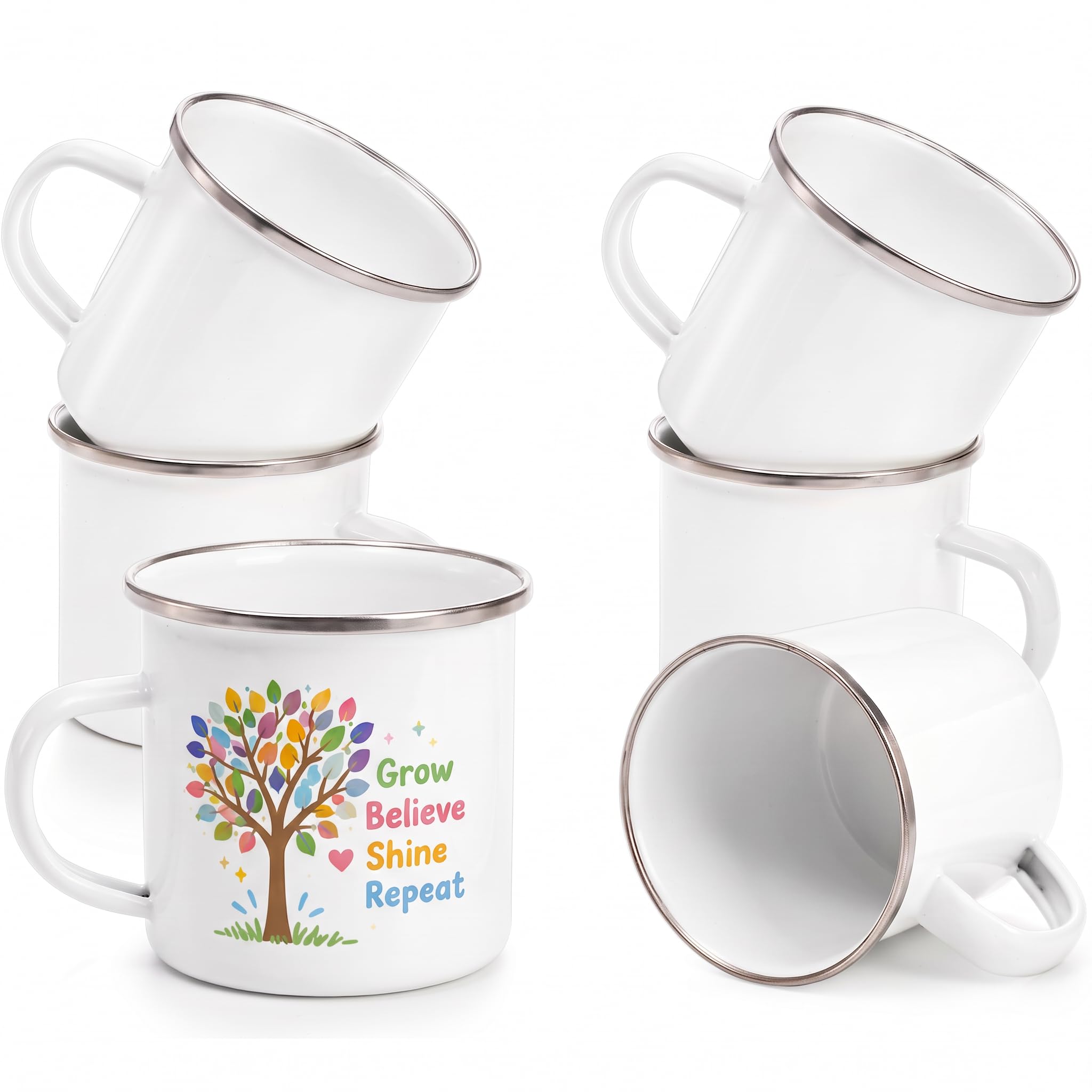 Coloch 6 Stück Sublimationstassen aus weißer Emaille, 340 ml, Kaffeetassen mit silberfarbenem Rand, Camping-Reisebecher, Vintage-Teetasse für Vatertag, Erntedankfest, Abschlussfeier, Geschenk