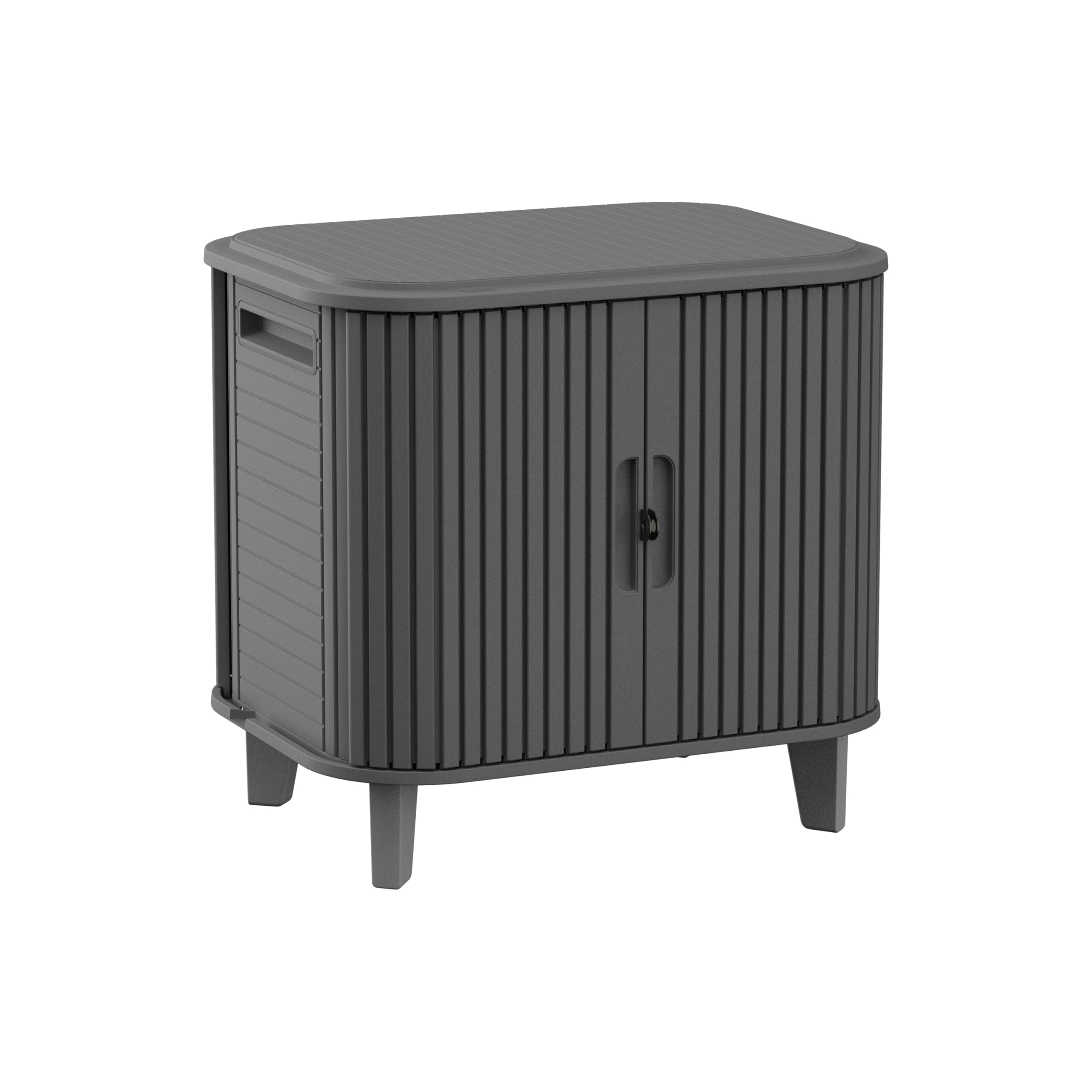 Keter Velo Aufbewahrungsschrank, Graphit, 113 L, 62,3×47×62,4 cm | wetterfest, abschließbar, Holzoptik, stapelbar, mit Schiebetüren