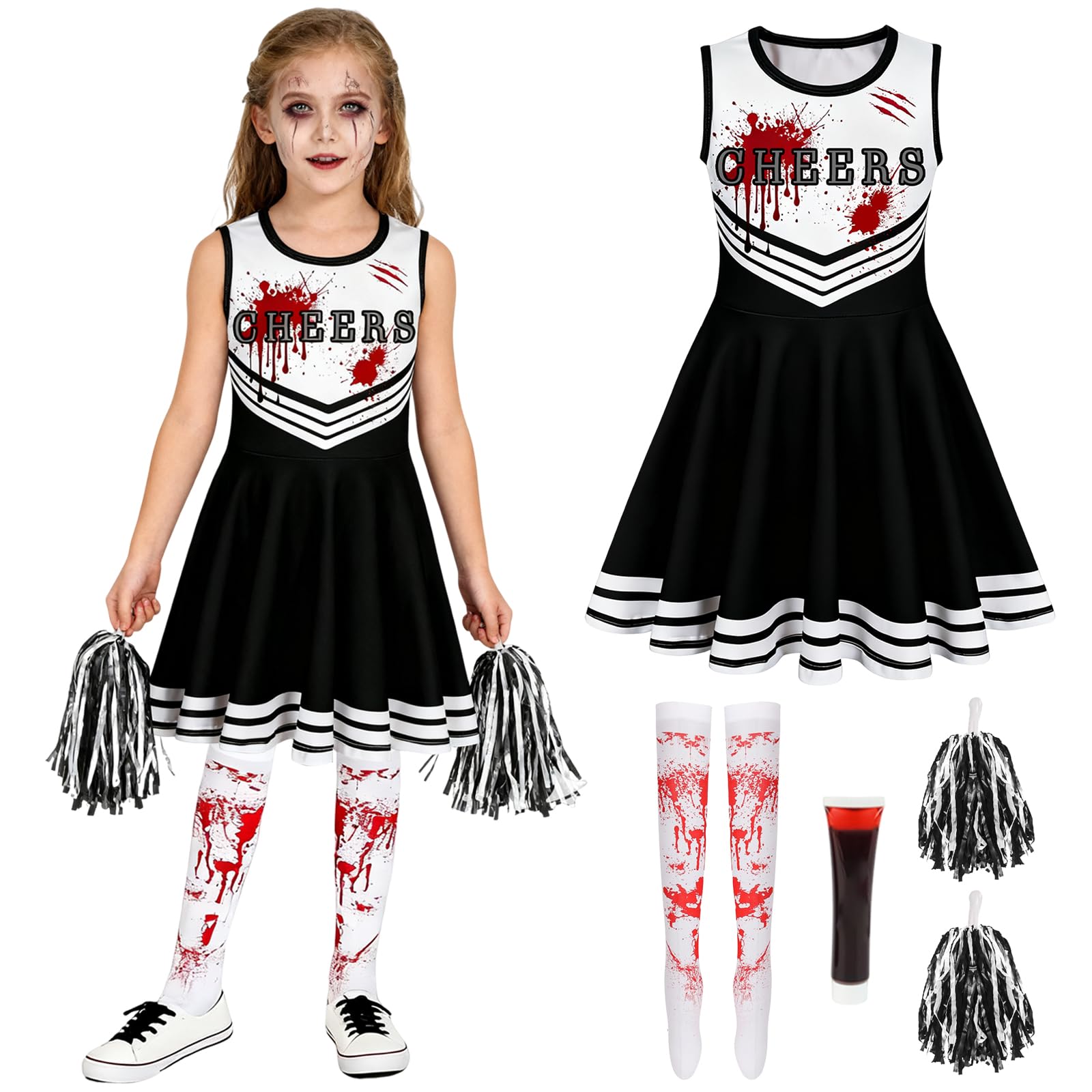 HYDTQCL Deguisement Pompom Girl Halloween, Deguisement Pompom Girl Zombie, Avec Chaussettes Et Des Pompons, Tatouage, Déguisement Zombie Fille Pour Mascarade, Cosplay, Halloween (M