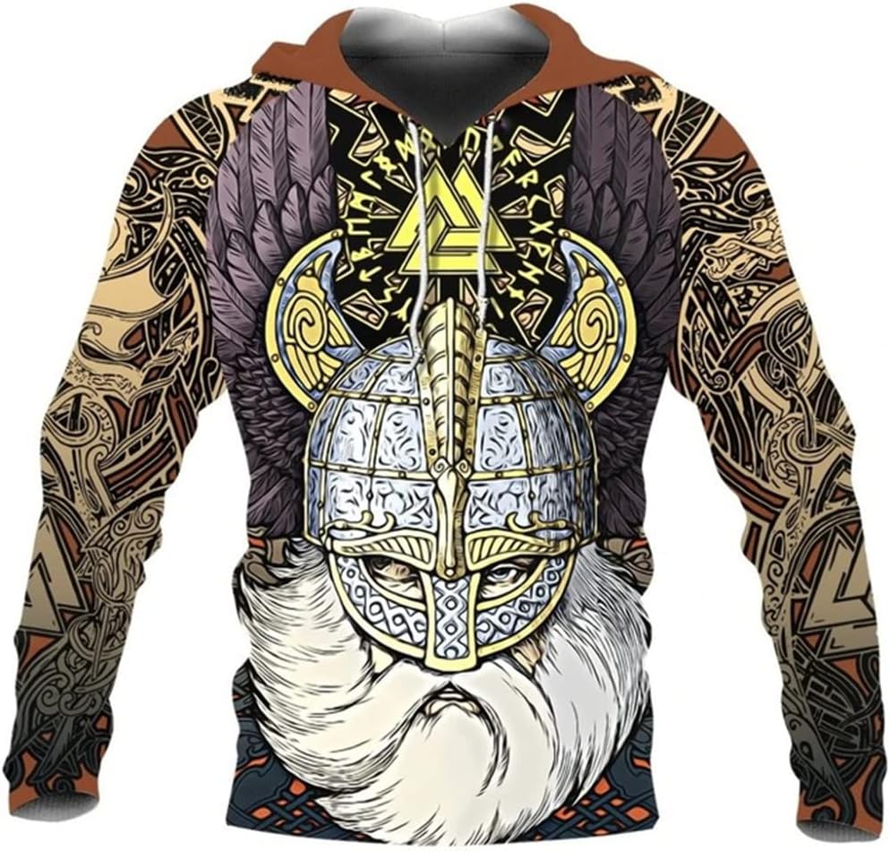 LLJ&YTViking Odin Norse Mythology 3D Hoodie,Men's Full Zip Hooded Sweatshirt-Winter Hoodie Pullover Jacket