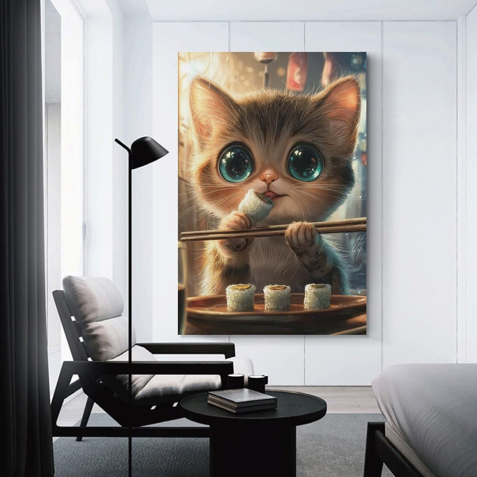 Junmoney Unframe-Style-14 Canvas Wall Art Cute Cat Eating Sushi, 24X36inch(60X90cm), For Lounge, Study, Hallway Or Flat Walls, Canvas Wall Art That Fits Changing Layouts