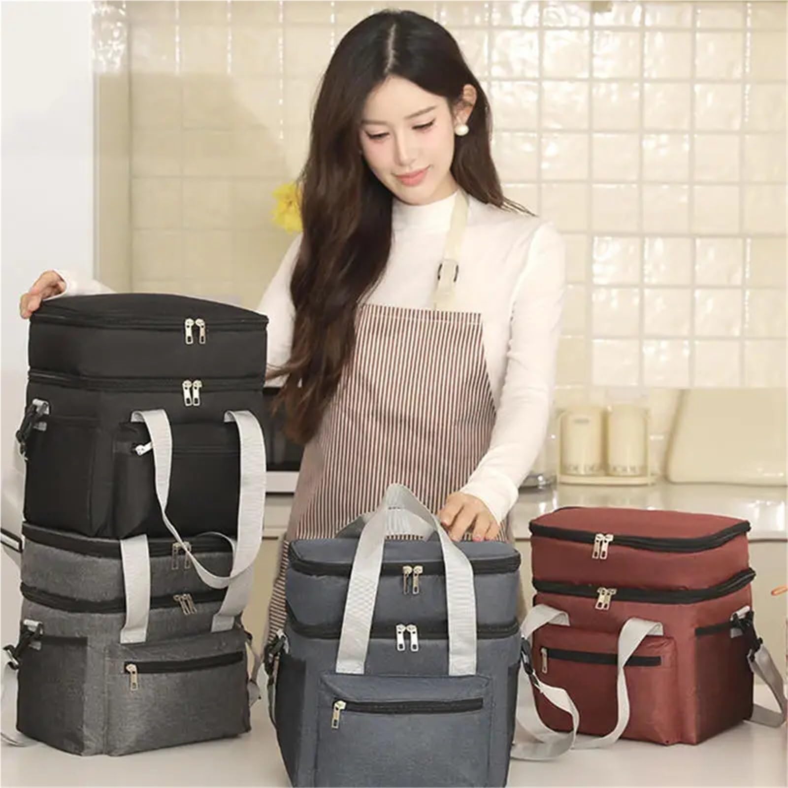 Borsa frigo Borse da pranzo multifunzionali a doppio strato for donna e uomo Scatola picnic viaggio di grande capacità con tracolla per Esterni(Black)