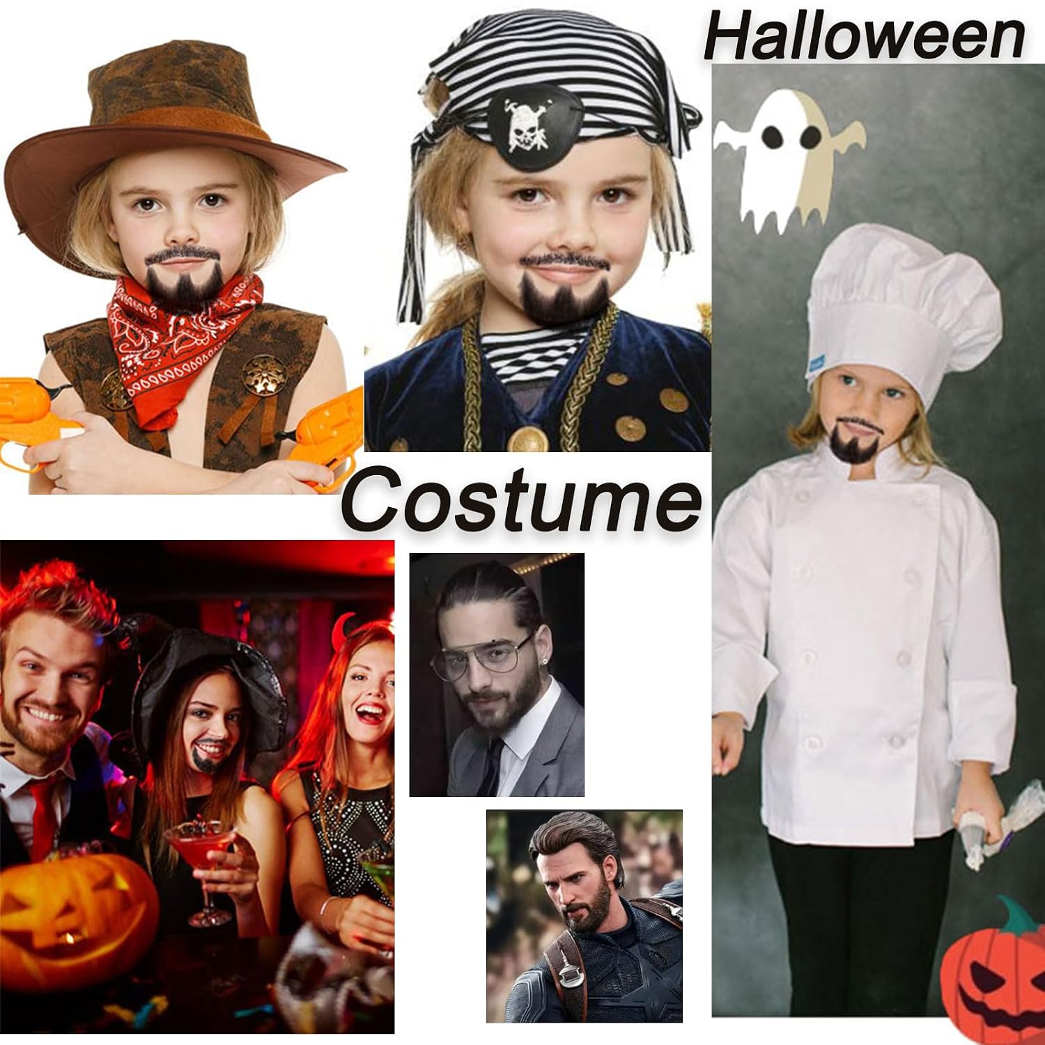 Fake Beard 100% Human Hair Full Hand Tide Lace Fake Mustache Costume Fake Facial Hair Goatee Black Color Realistic Beard for Halloween Costume Dresing Cosplay or Party (Black)