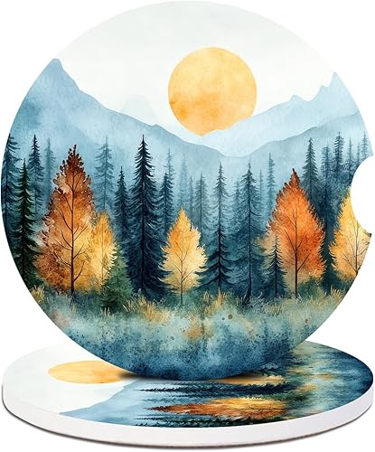 Paquete de 2 posavasos para automóvil, posavasos abstractos de cerámica absorbente de bosque de montaña, posavasos para portavasos de automóvil,