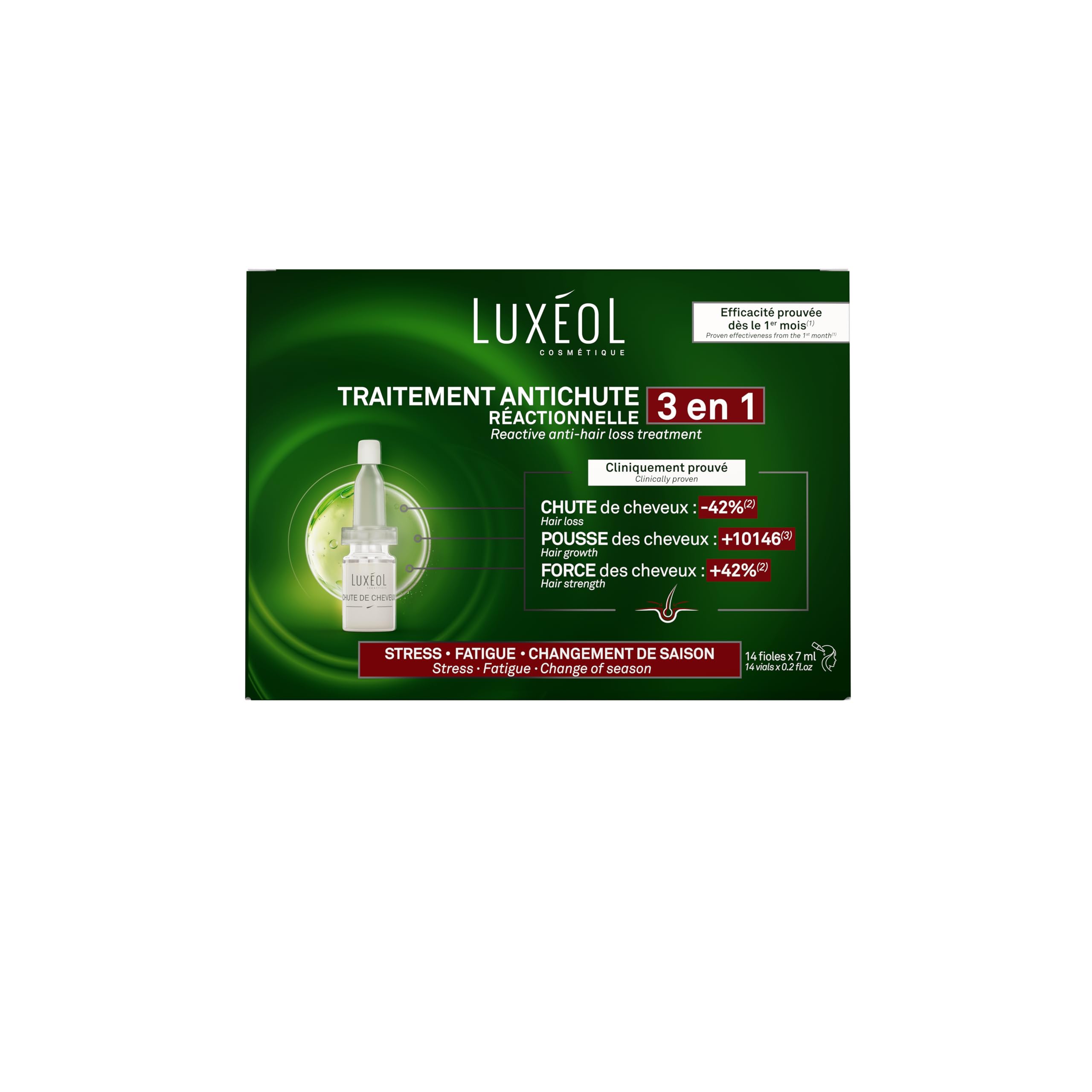 LUXÉOL - Chute De Cheveux Réactionnelle 3 En 1 - Favorise La Croissance & Diminue La Chute Des Cheveux - Stress & Fatigue - Kératine - Programme 1 Mois - 14 Fioles De 7ml