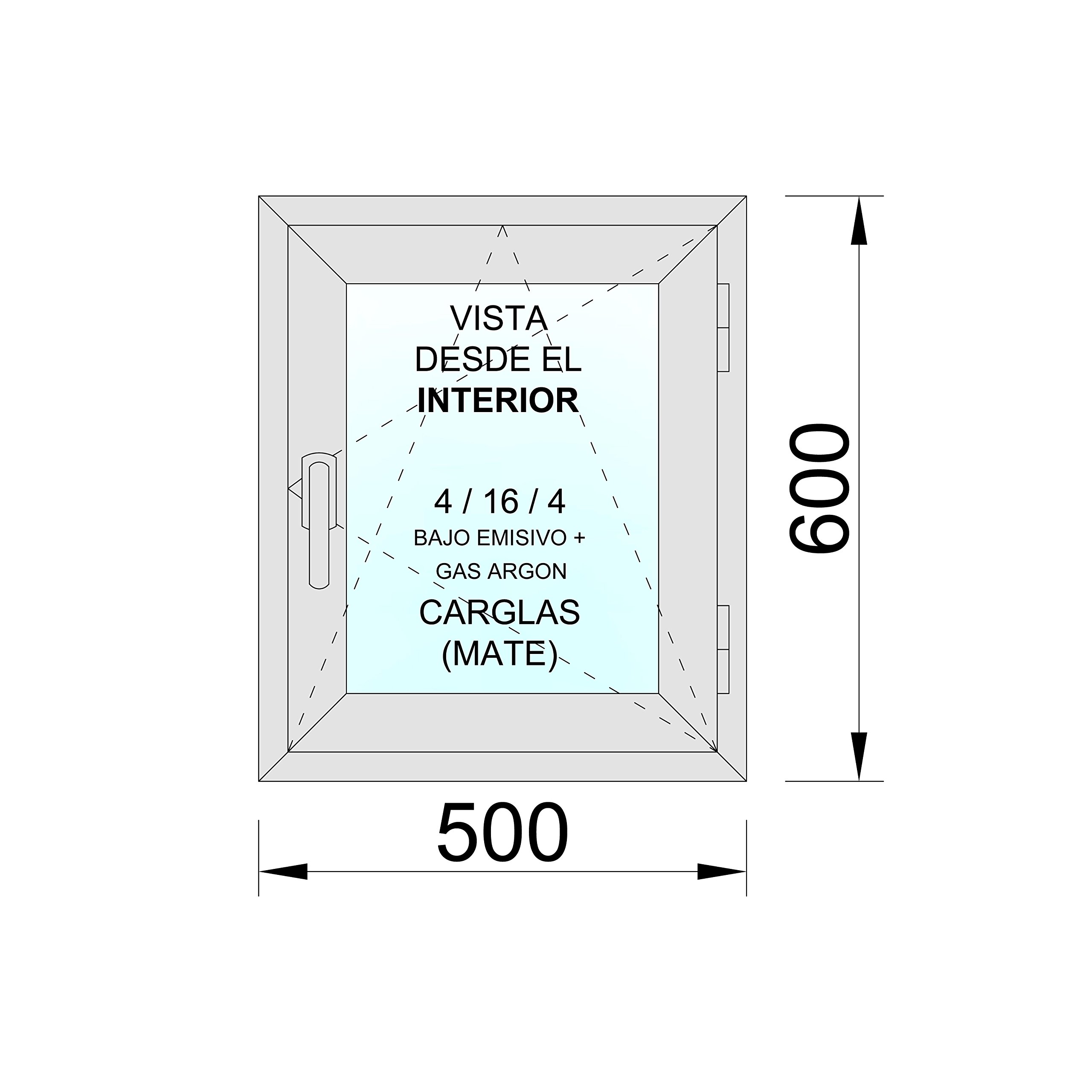 Ventanastock PVC 500x600 Practicable Oscilobatiente Derecha 1 hoja con vidrio Carglass (Climalit Mate)