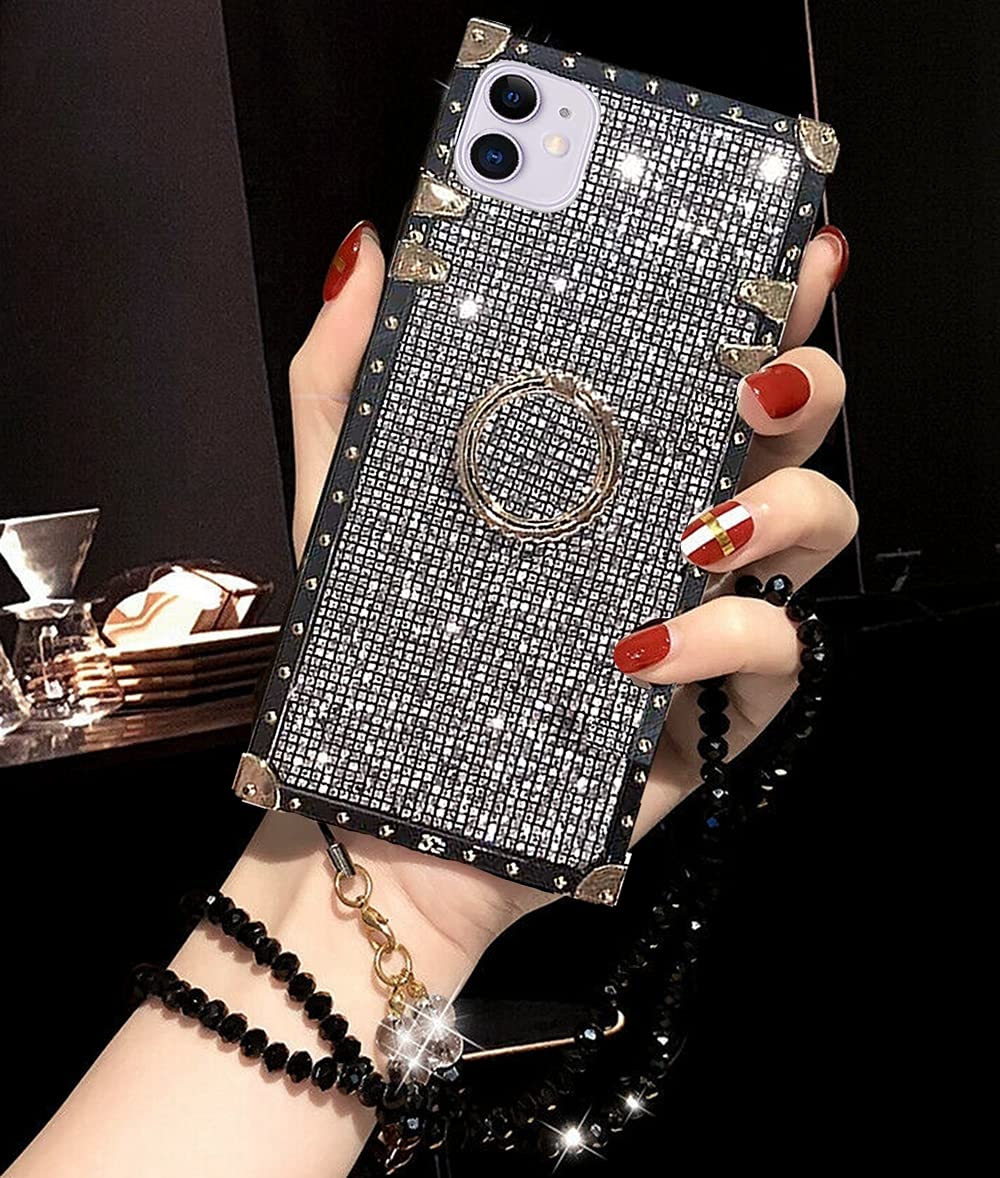 BabemallCompatible for iPhone 11 Pro Max 6.5" Case, Elegant Premium Bling Square Protective with Shock Absorption Plating Decoration Corner Back Case with Crystal Strap (Black)