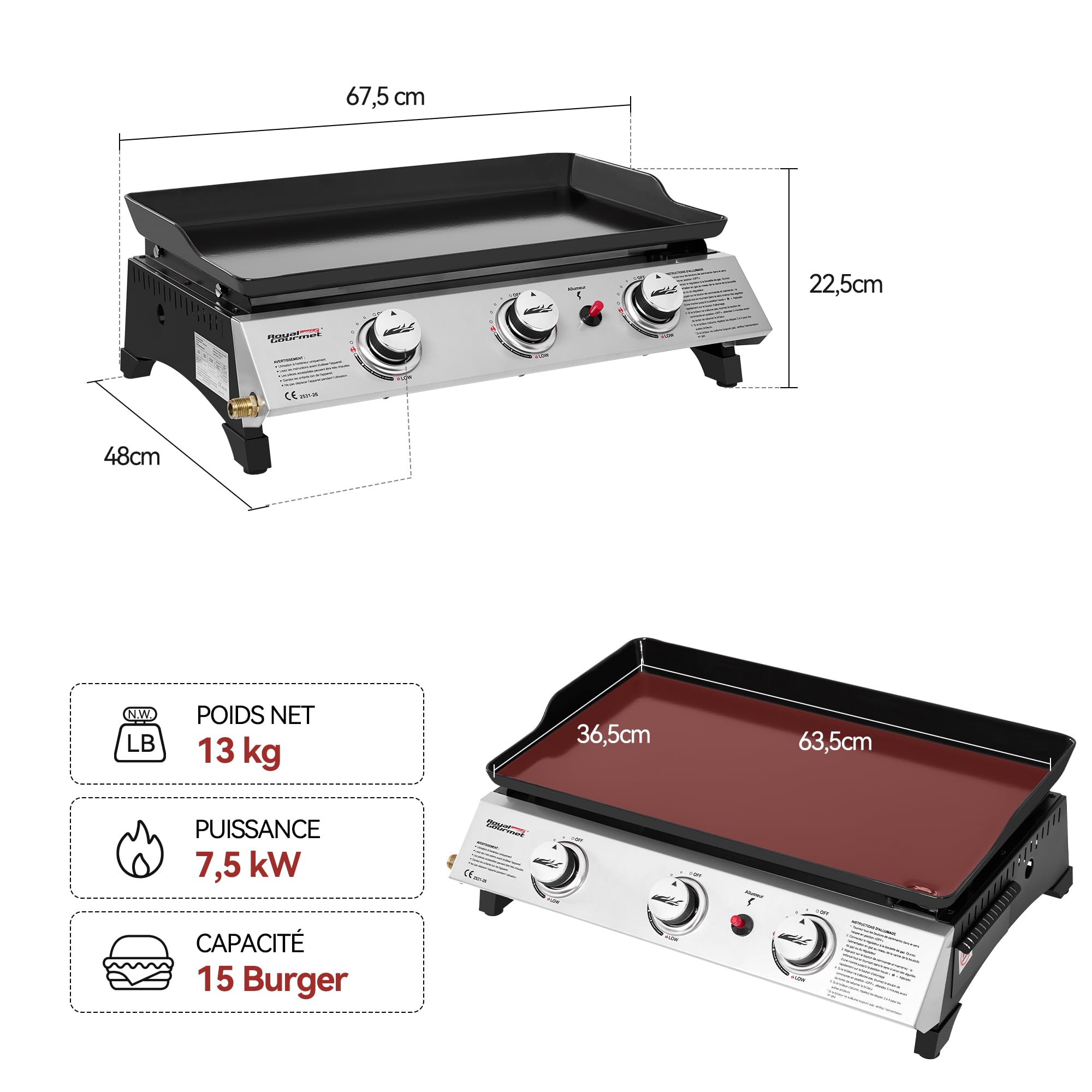 Royal Gourmet Piastra a Gas in Acciaio smaltato, 3 bruciatori di Potenza 7,5 kW, Superficie Cottura 62,0 x 35,5 cm, Portatile per Campeggio ed Esterno