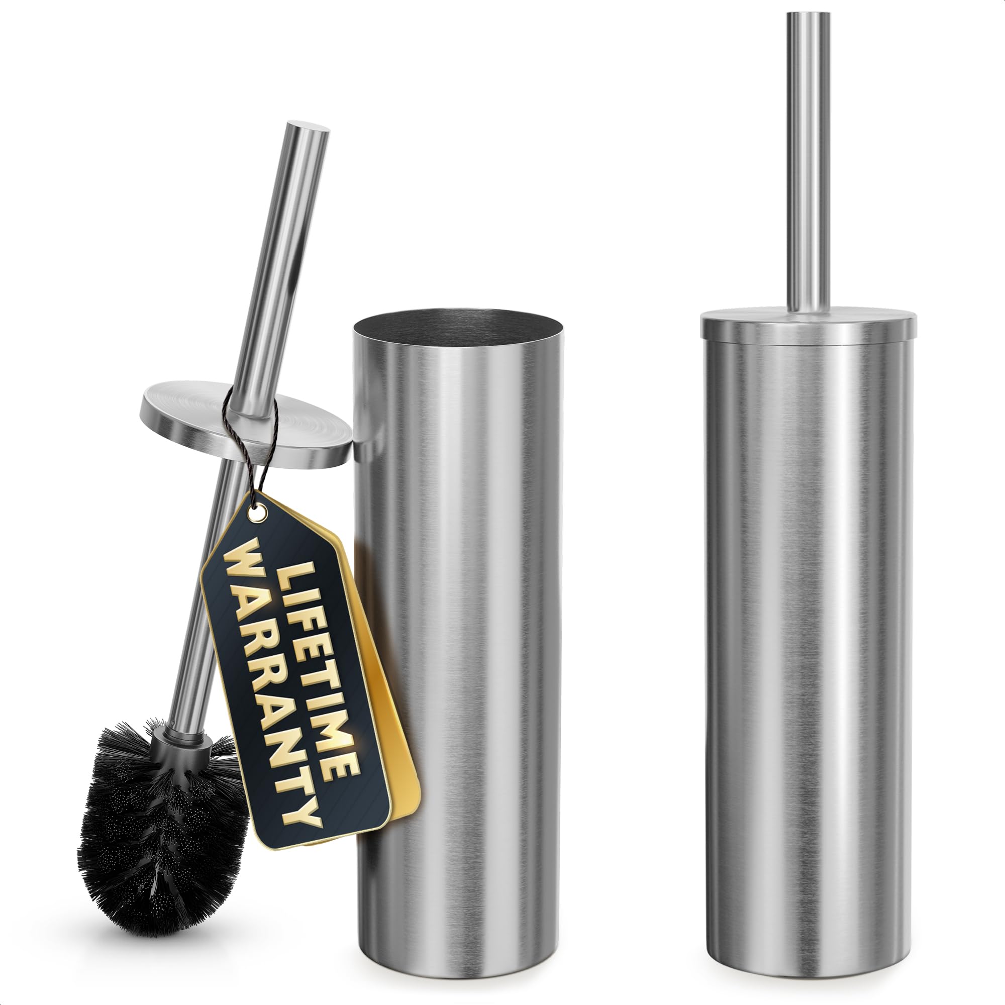 Set di 2 scopino e portascopino per WC in acciaio inox, color argento, con copertura paraspruzzi, setole robuste, resistenti alla corrosione e ai graffi, design elegante, pulizia efficace